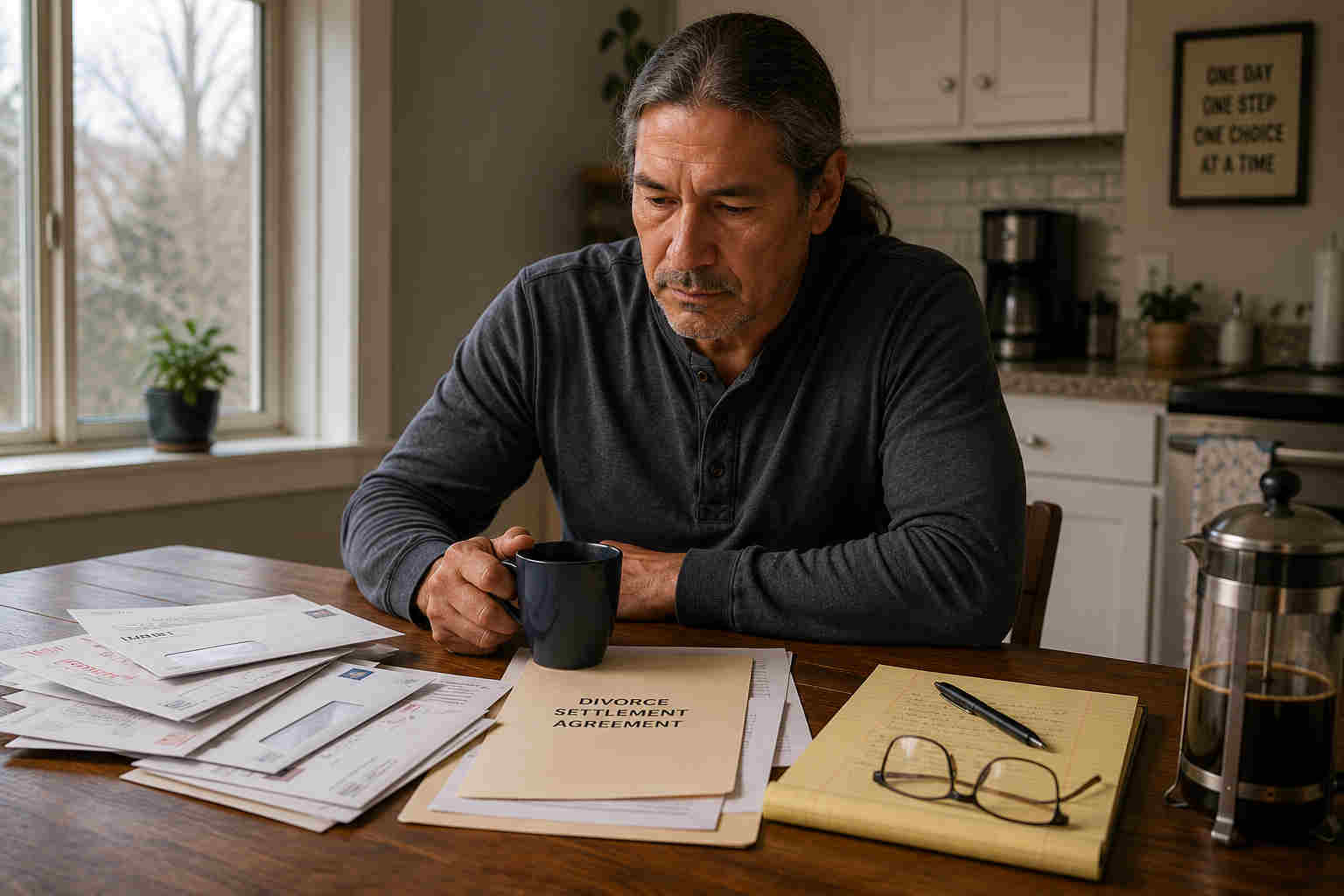 Divorced man quietly reviewing mail and divorce paperwork at his kitchen table during the first month after divorce