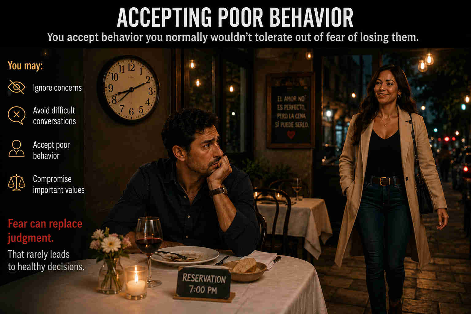 A man waiting alone at a restaurant while accepting poor behavior out of fear of losing the relationship