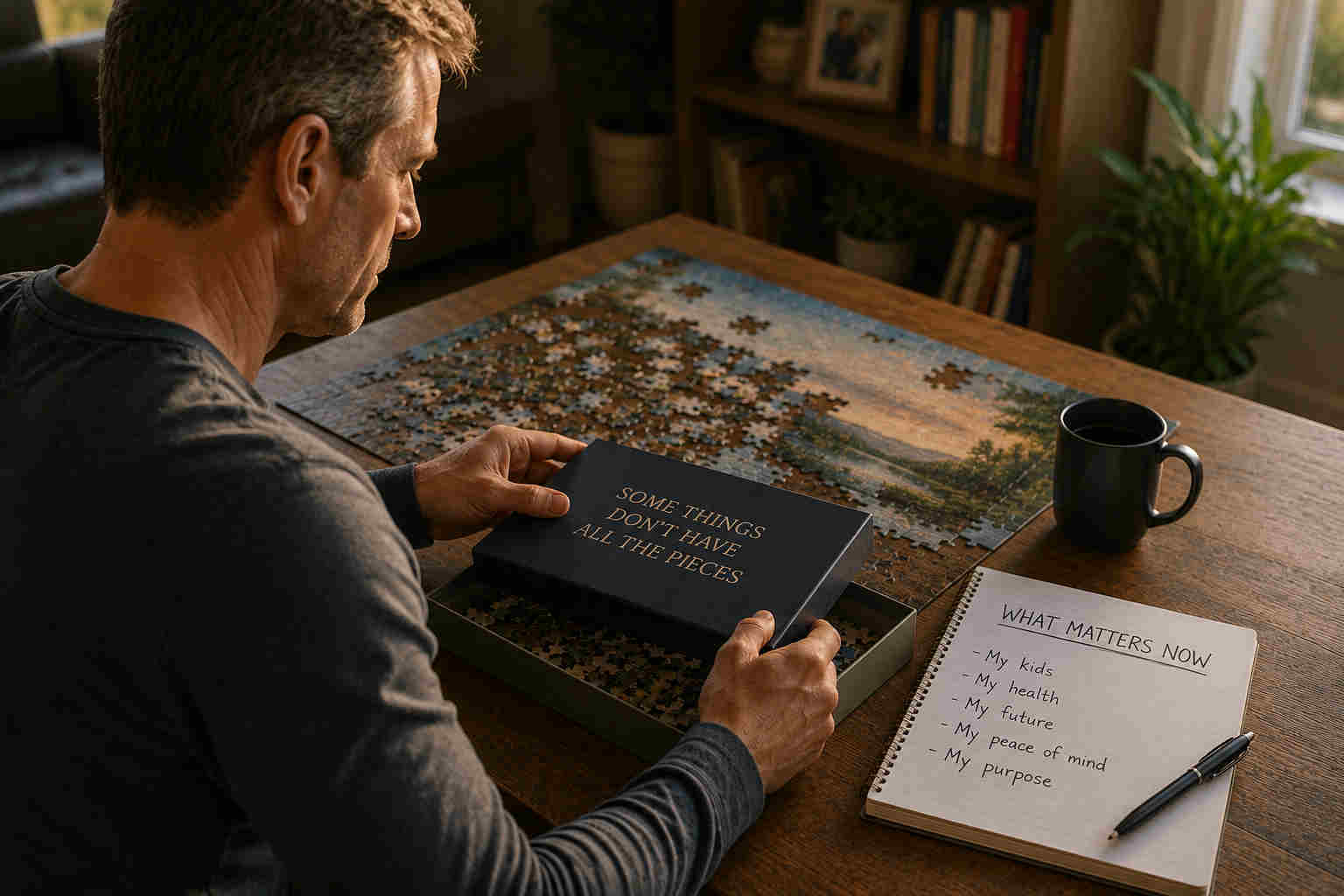 Divorced man placing an unfinished puzzle into its box beside a notebook about what matters now
