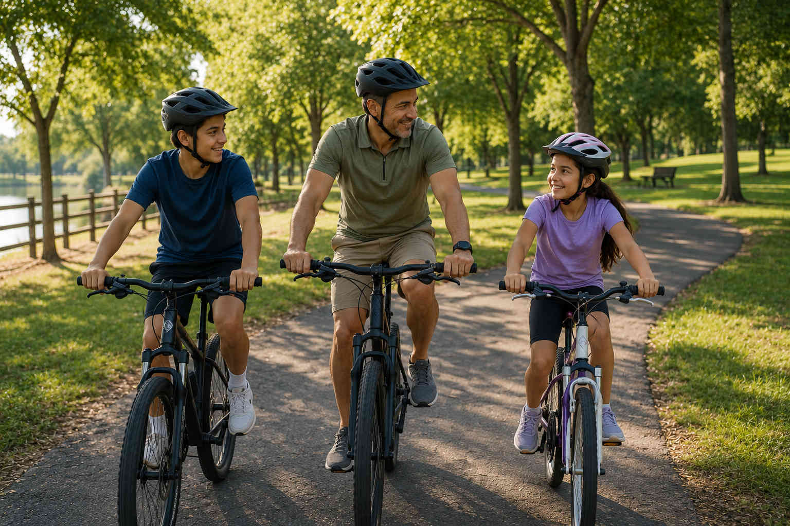 Father riding bicycles with his son and daughter on a park trail during an active parenting day