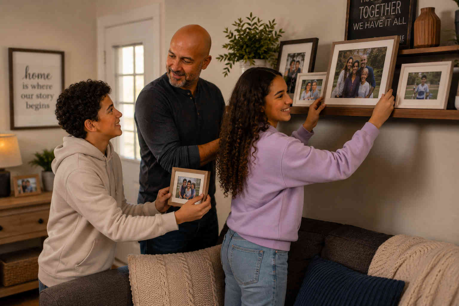 Father, son, and teenage daughter arranging framed family photographs on a living-room shelf