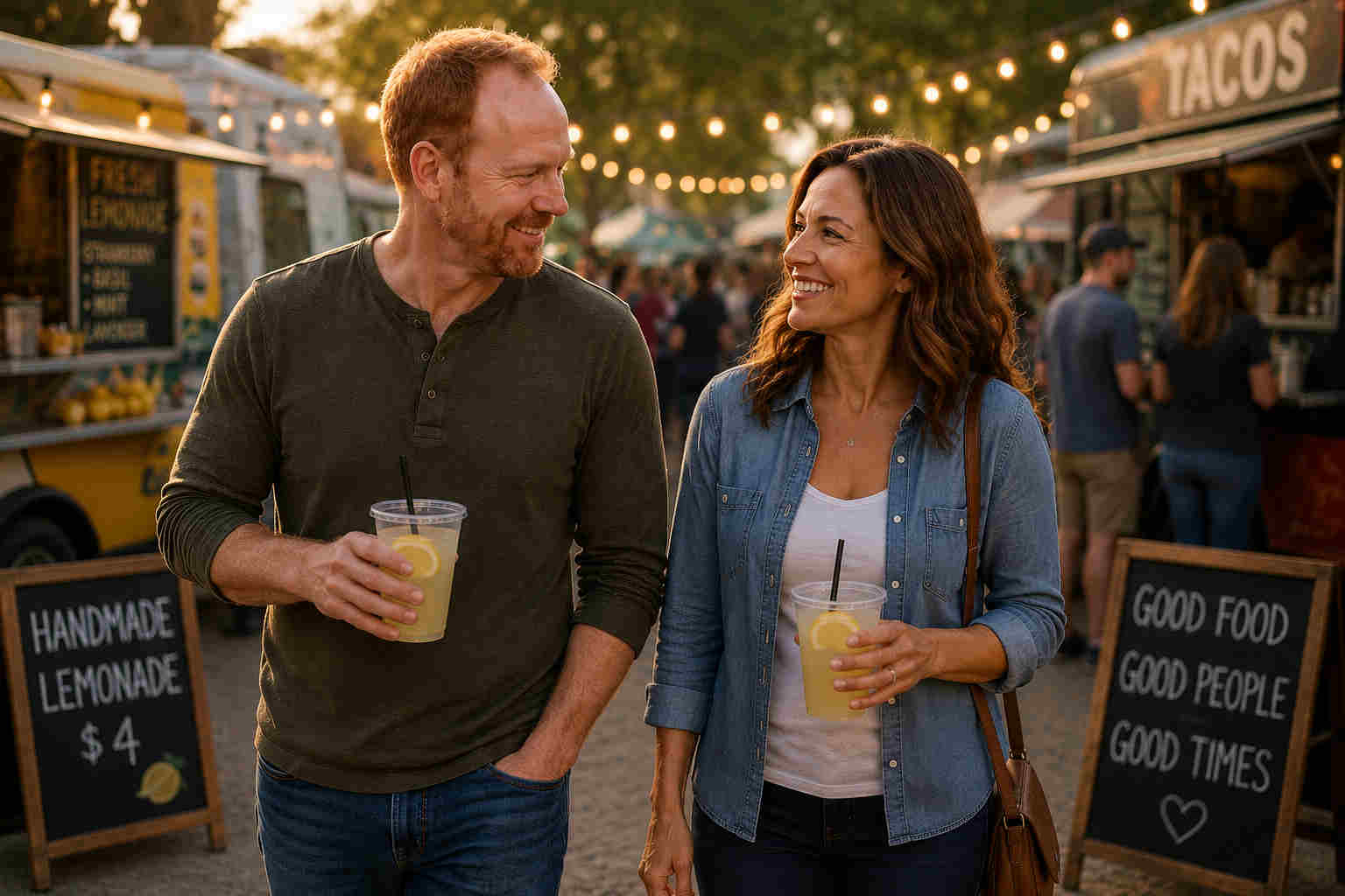 Divorced man in his 40s and woman enjoying an affordable food truck festival date