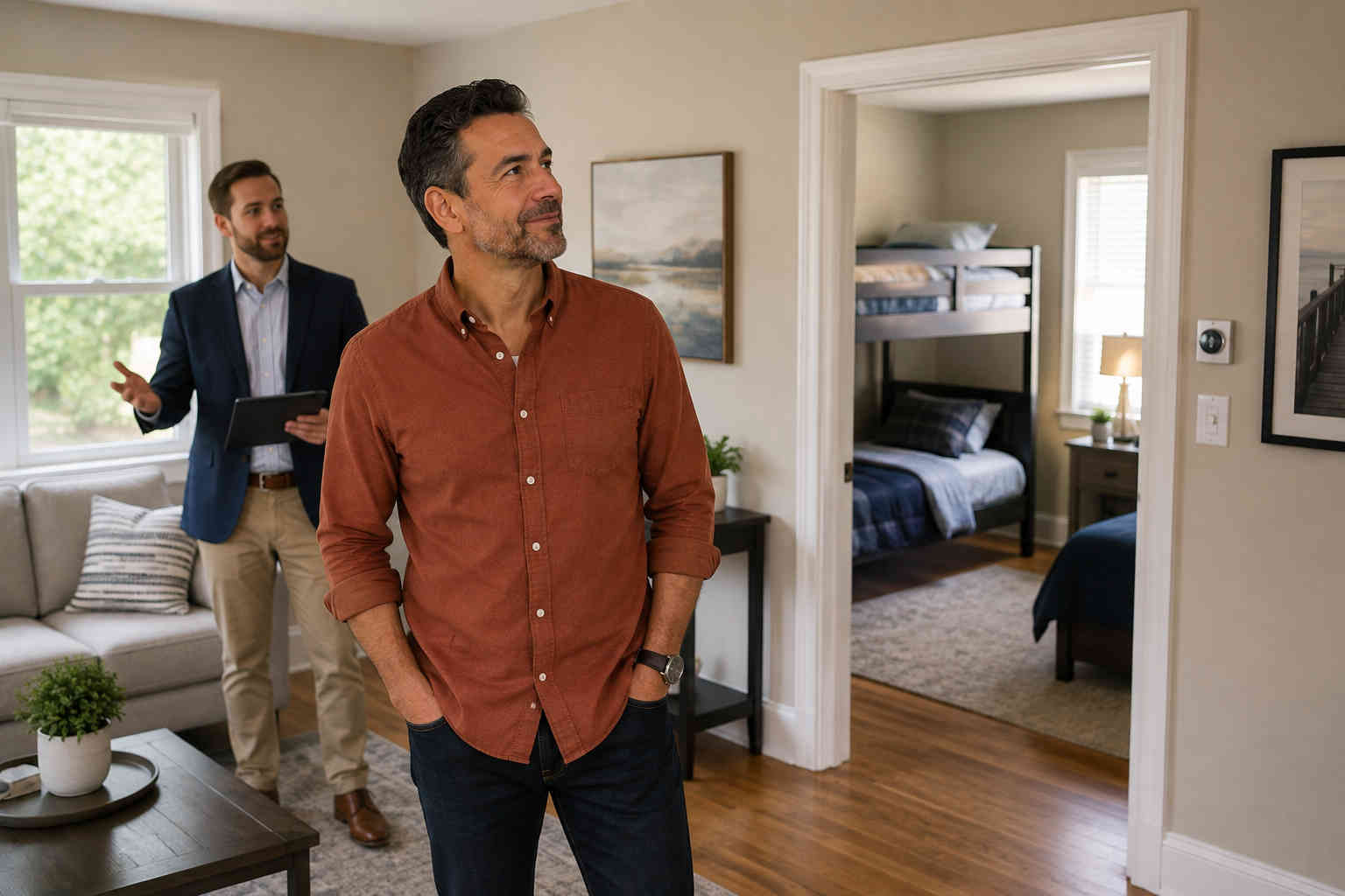 Divorced father touring a modest affordable home with space for his children