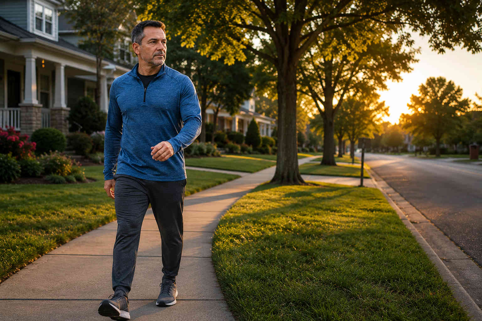 Middle-aged man taking a brisk evening walk through a quiet neighborhood as part of his post-divorce fitness routine