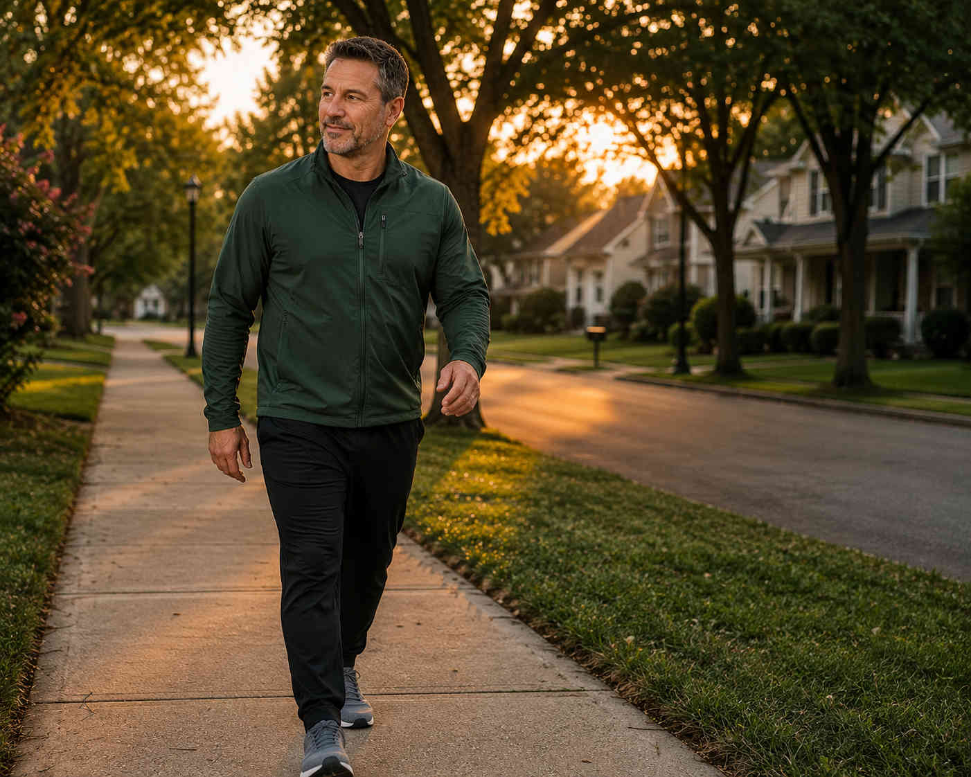 Man taking a brisk after-dinner walk through a quiet neighborhood at sunset