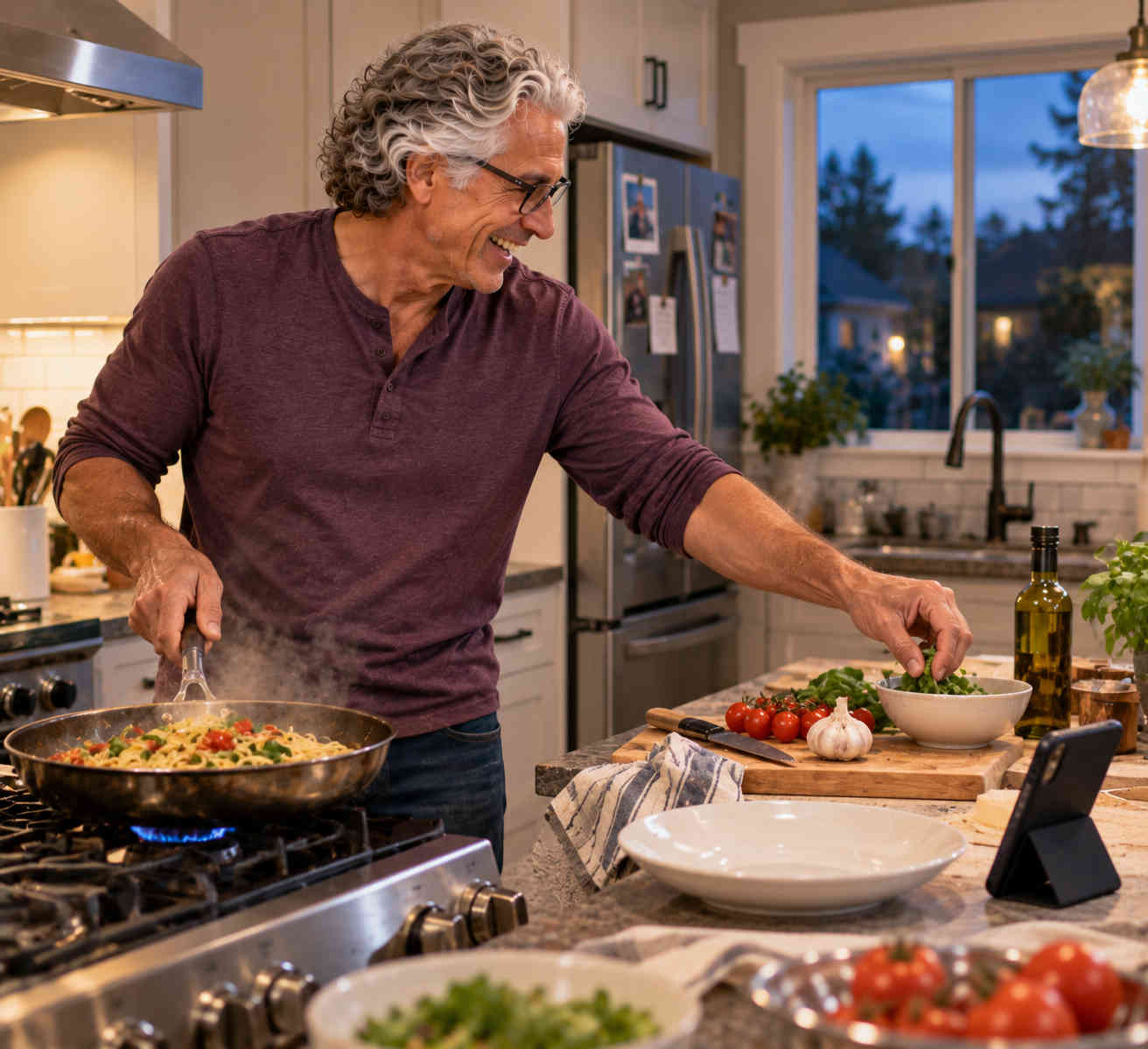 Older man happily cooking dinner in his kitchen while talking on the phone