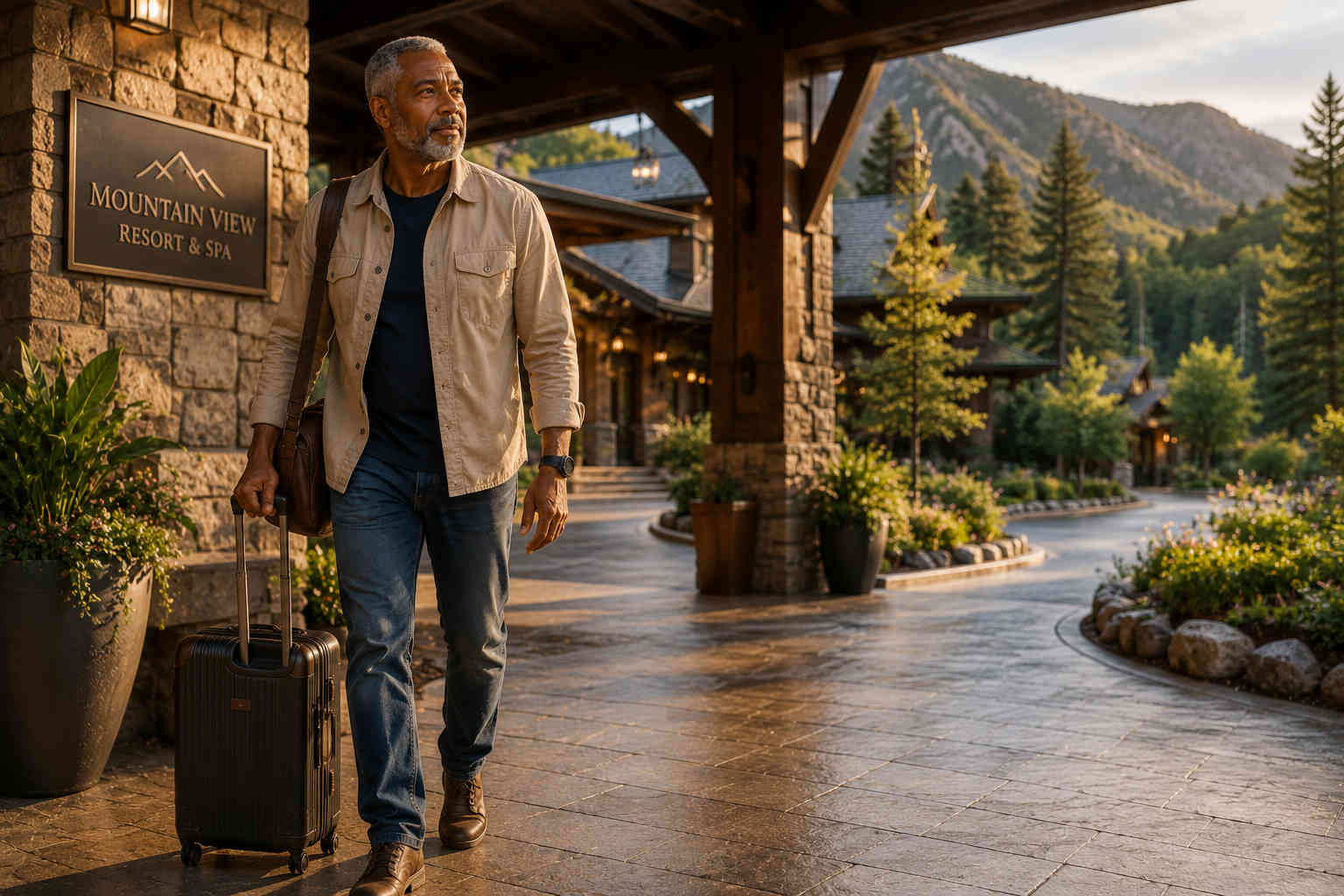 Divorced man arriving alone at an upscale mountain resort surrounded by natural scenery