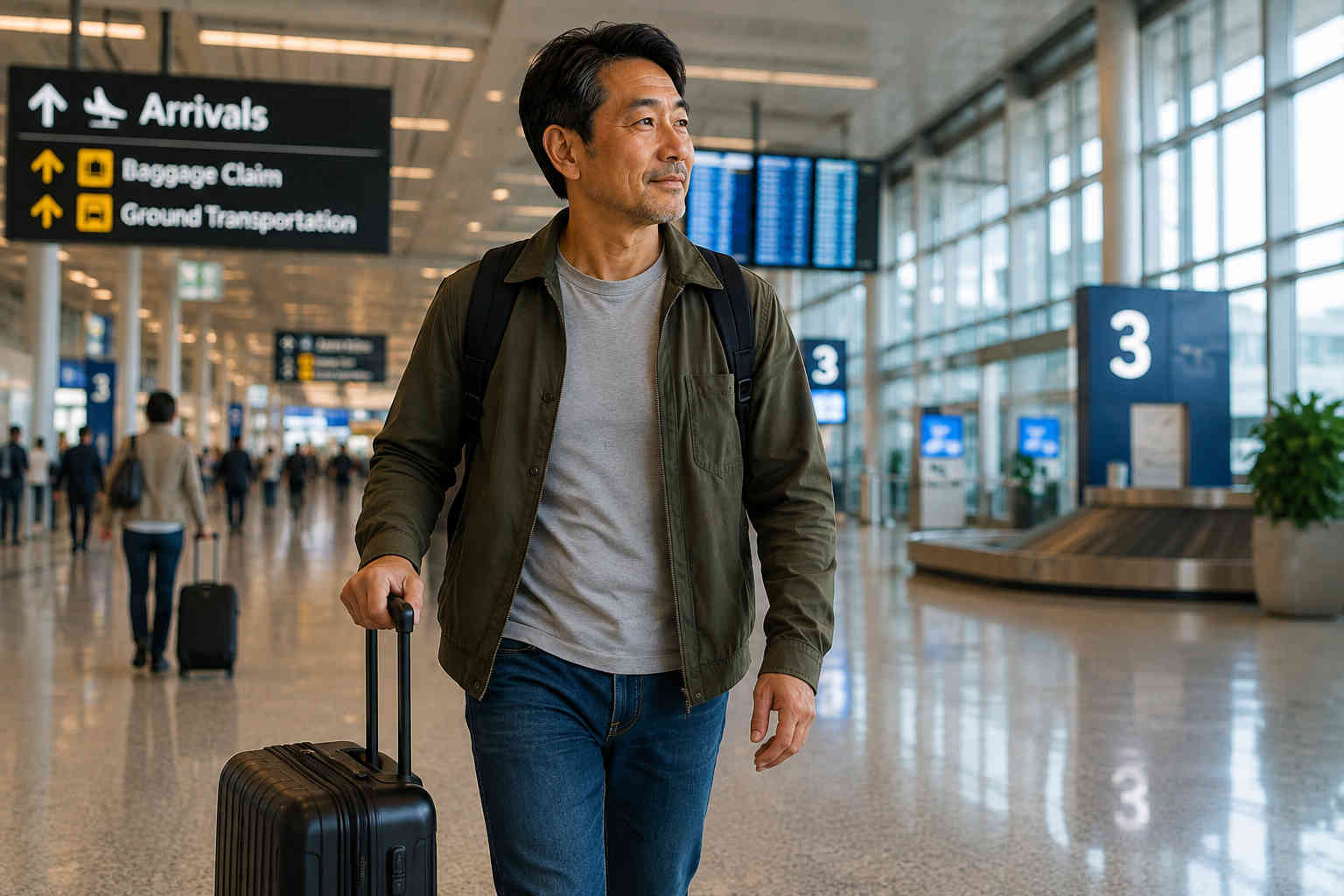 Middle-aged solo traveler arriving at an airport with a carry-on suitcase and looking calm and confident