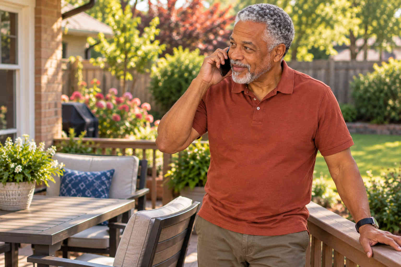 Man speaking on his phone in a sunny backyard