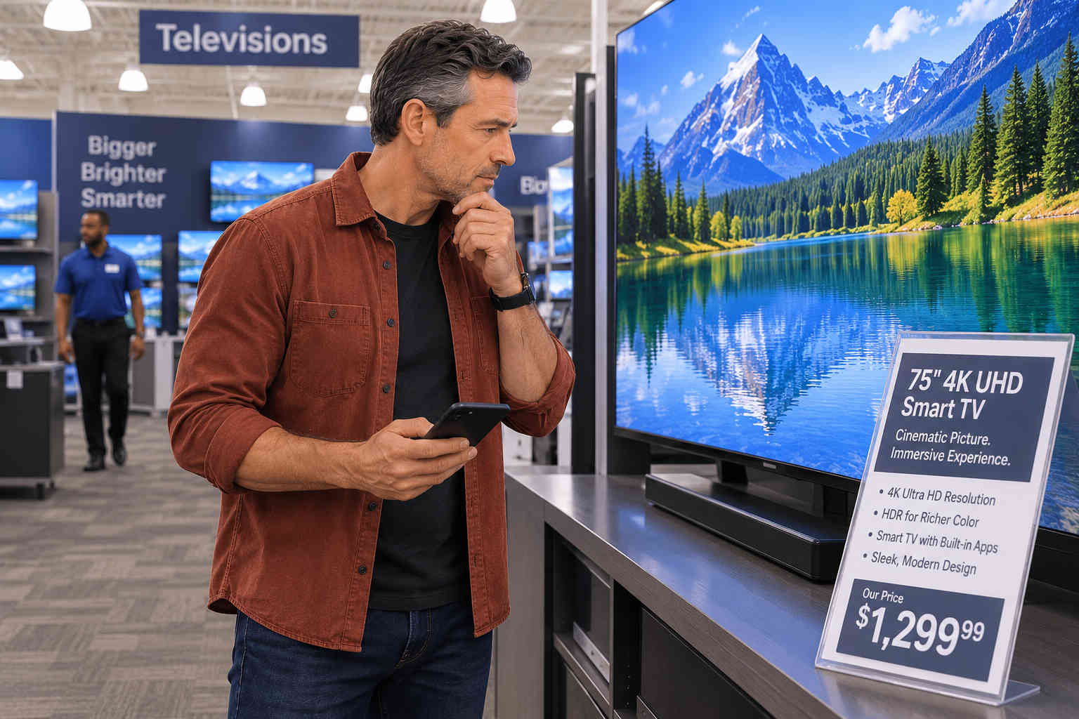 Man checking his phone and reconsidering an expensive television purchase in an electronics store