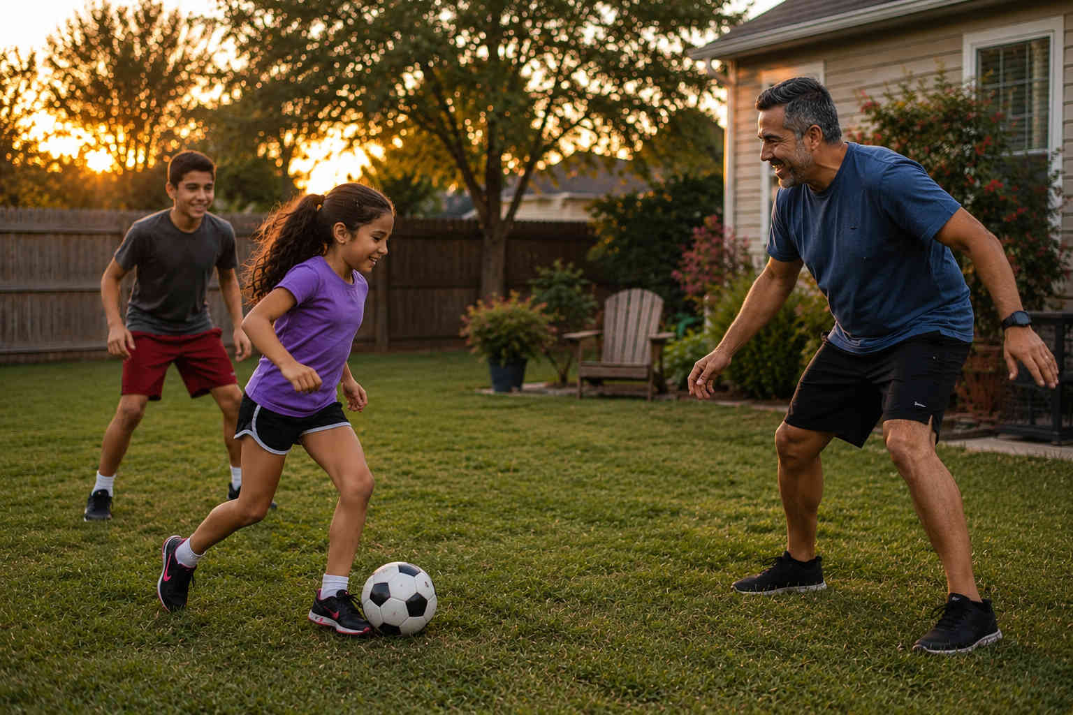 Father playing backyard soccer at sunset with his teenage son and younger daughter