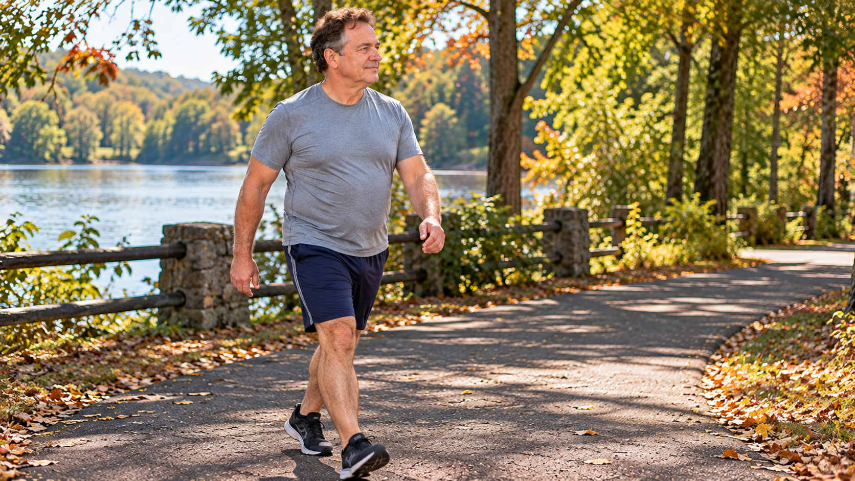 Man in improving physical condition walking beside a wooded lakeside trail