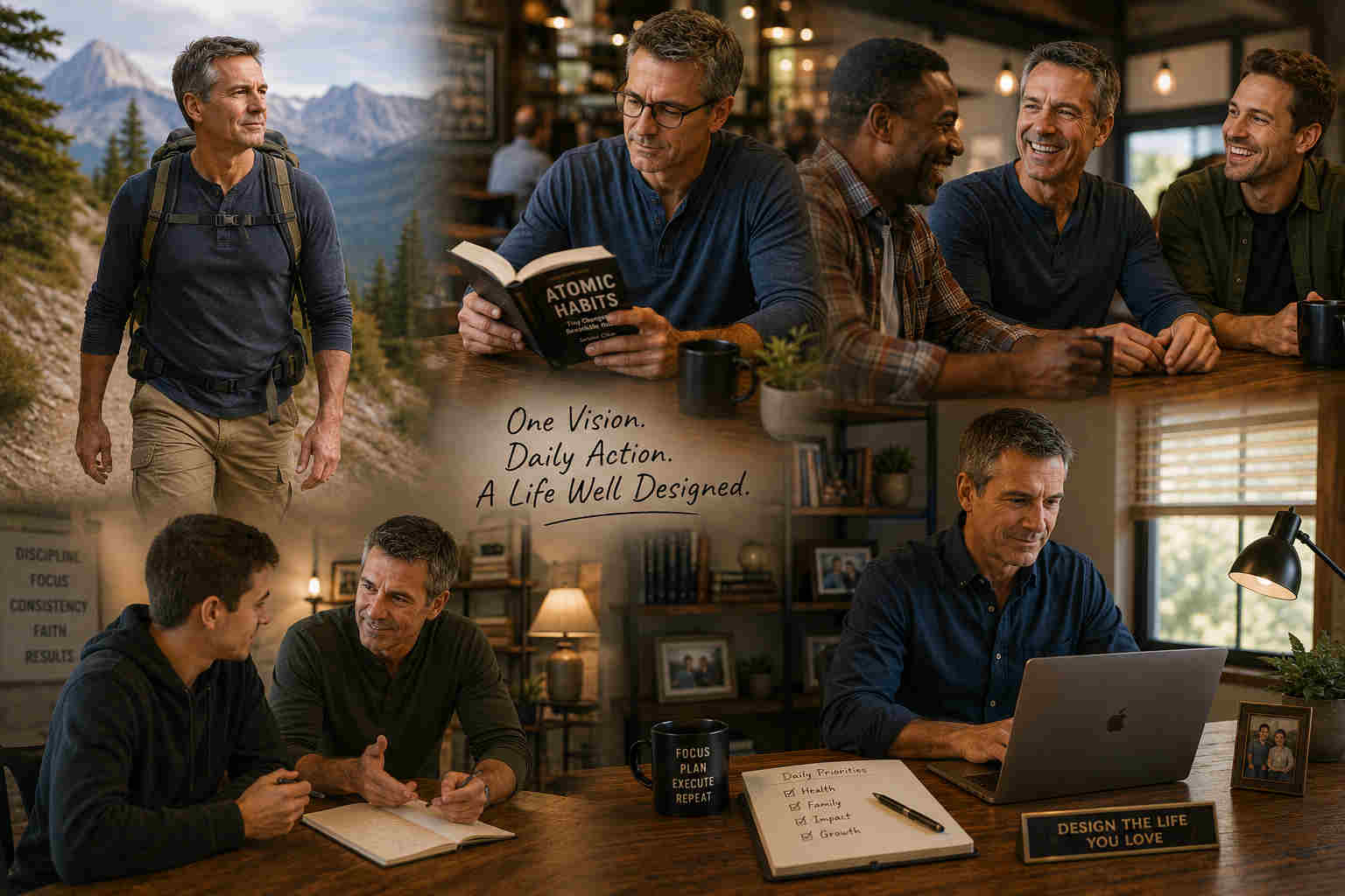Natural blended scenes showing the same man hiking, reading, laughing with friends, mentoring a younger man, and working confidently