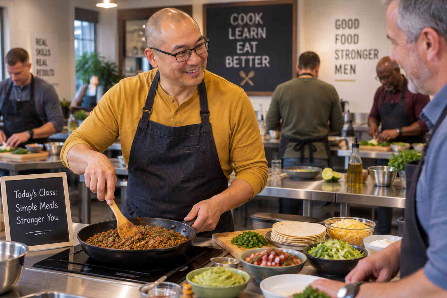 Man cooking a beef and lentil taco filling during a men's cooking class