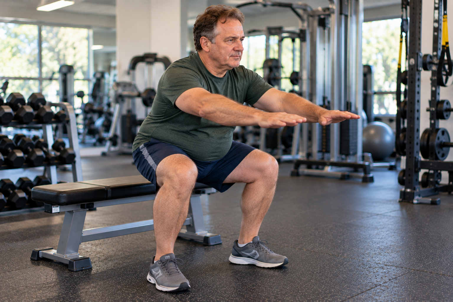 Man practicing bodyweight squats toward a bench in a gym