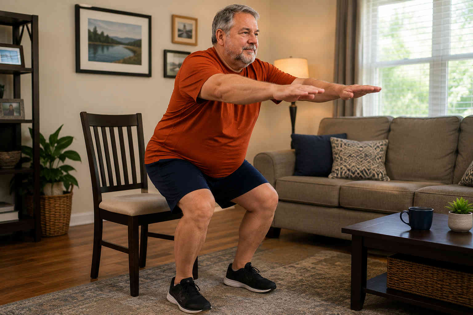 Overweight older man practicing a chair sit-to-stand exercise in his living room