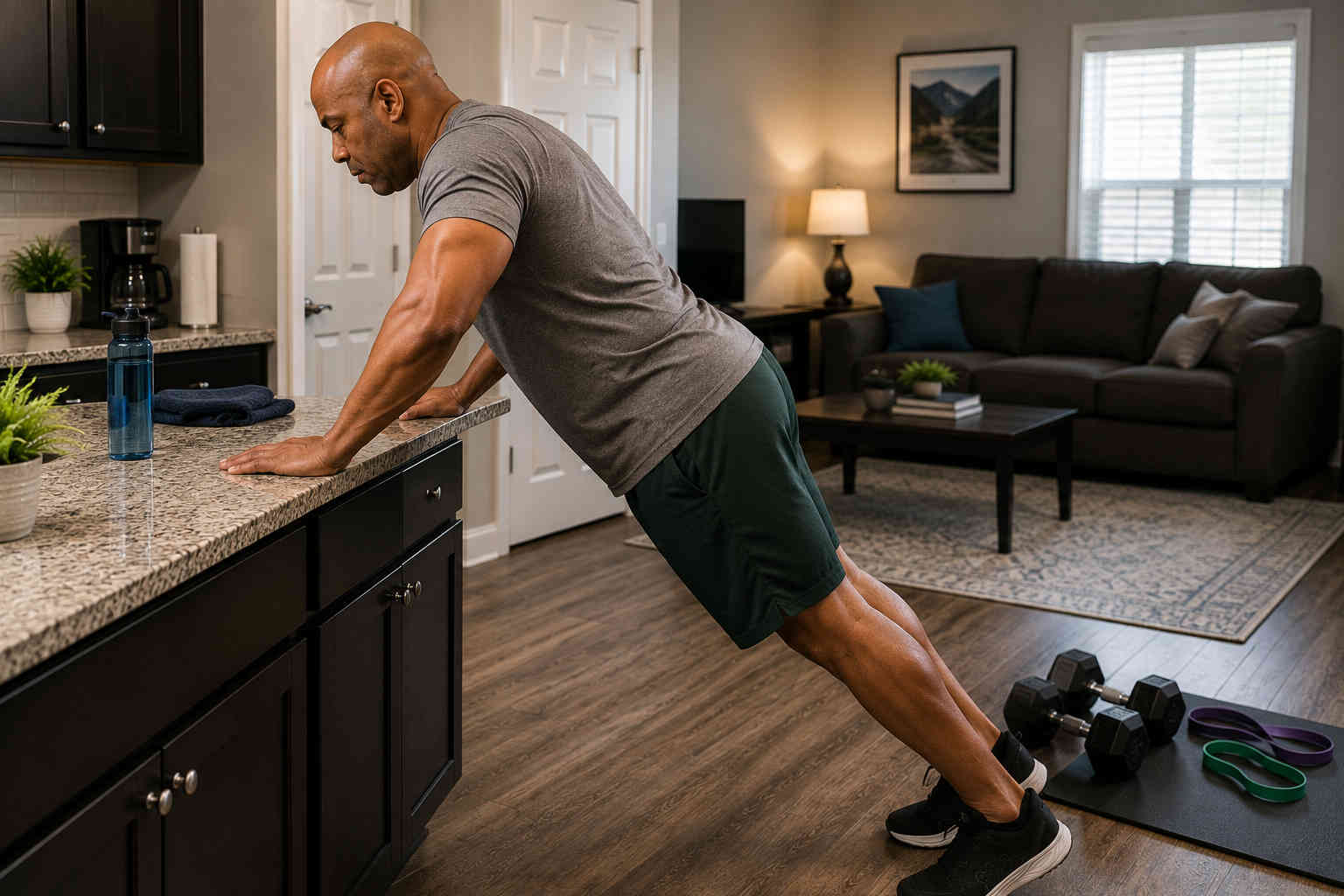 Man rebuilding strength at home with incline push-ups against a kitchen counter