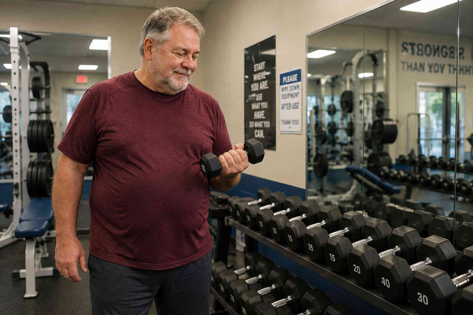 Overweight older man choosing a light dumbbell during a beginner workout at the gym