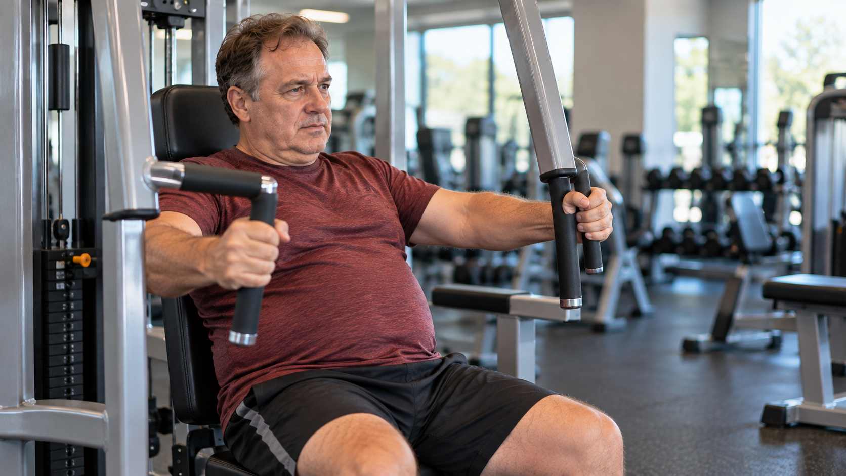 Man beginning a strength training routine on a seated chest press machine
