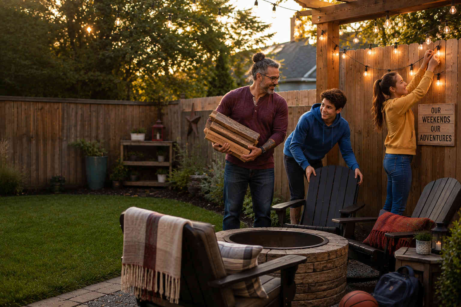 A father and his two children work together to create a welcoming backyard fire-pit area during their weekend parenting time