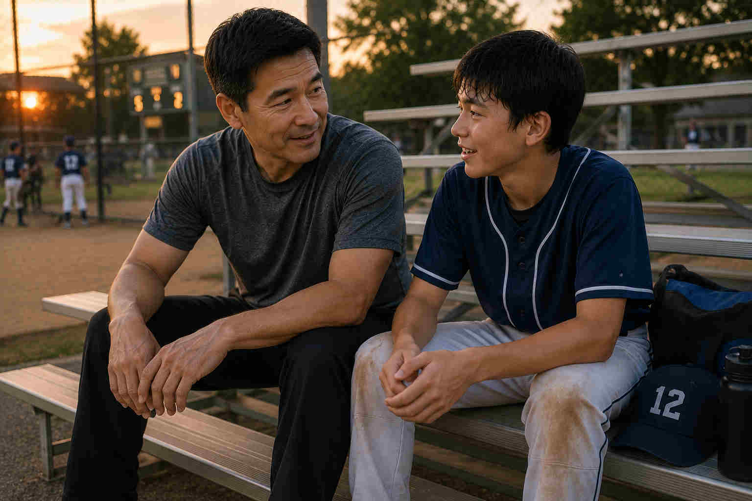 Asian father talking with his Asian teenage son after a baseball game