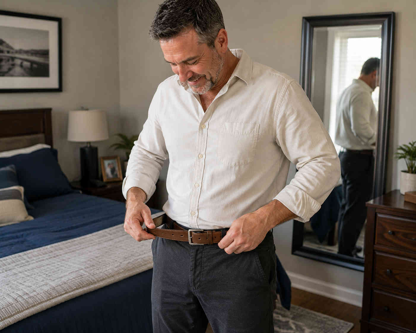 Man fastening his belt at a smaller waist size and noticing that his clothes fit better