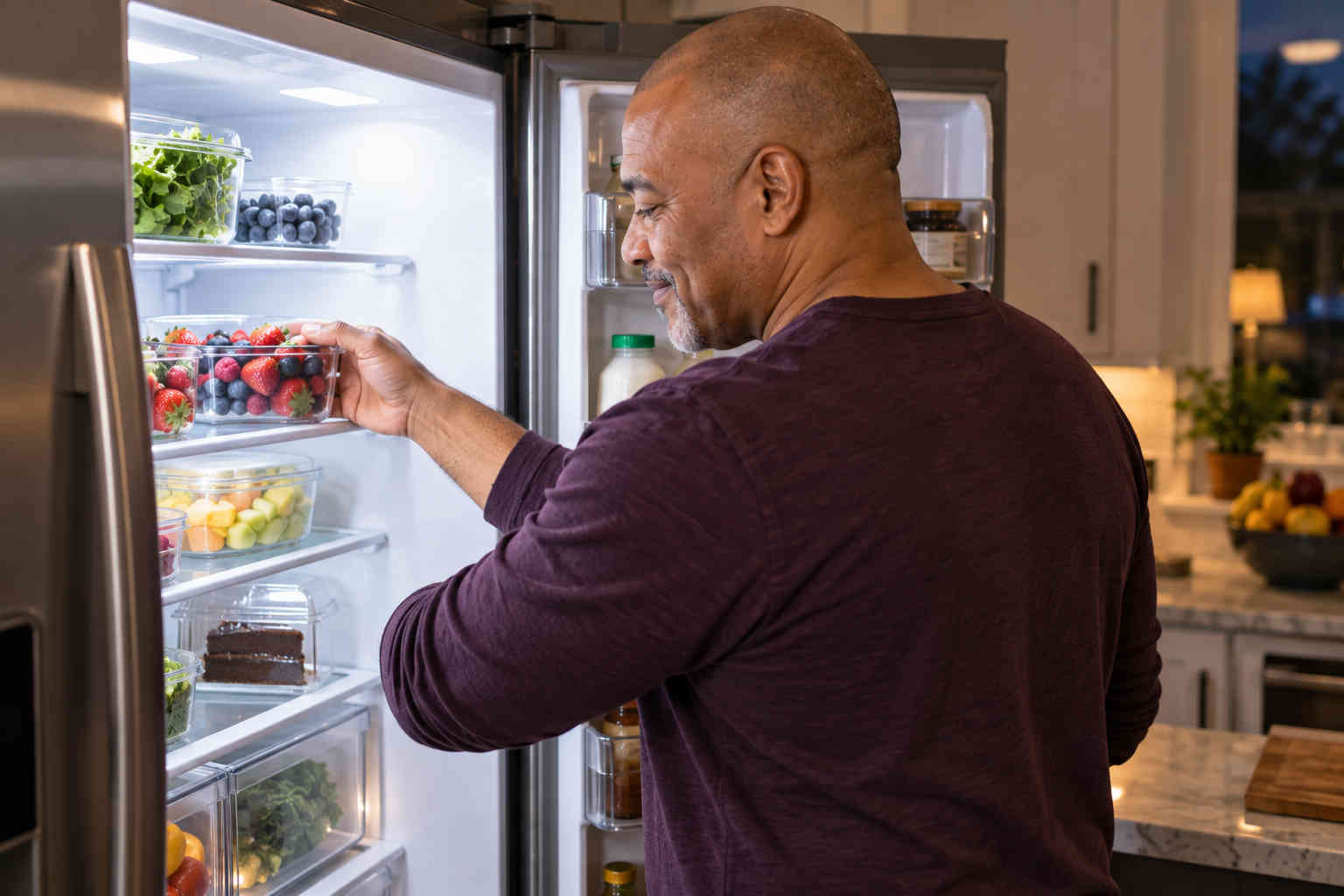 Man reaching into his refrigerator for a container of strawberries, blueberries, and raspberries in the evening