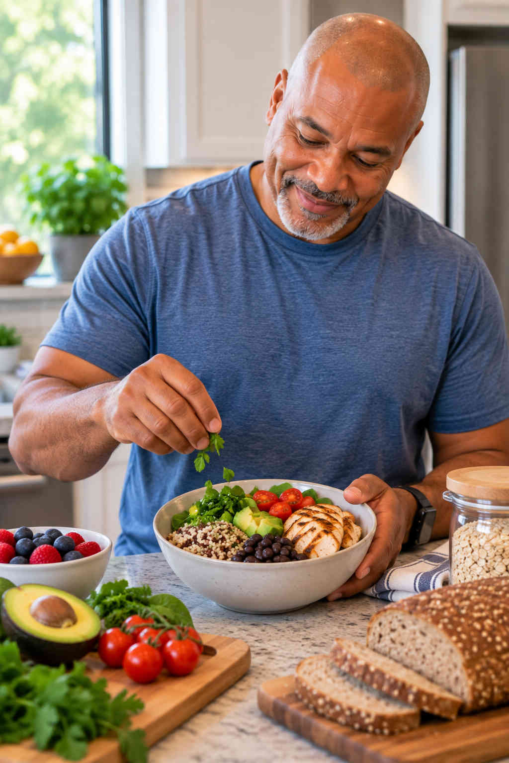 Man preparing a balanced bowl with chicken, beans, vegetables, avocado, grains, berries, oats, and whole-grain bread