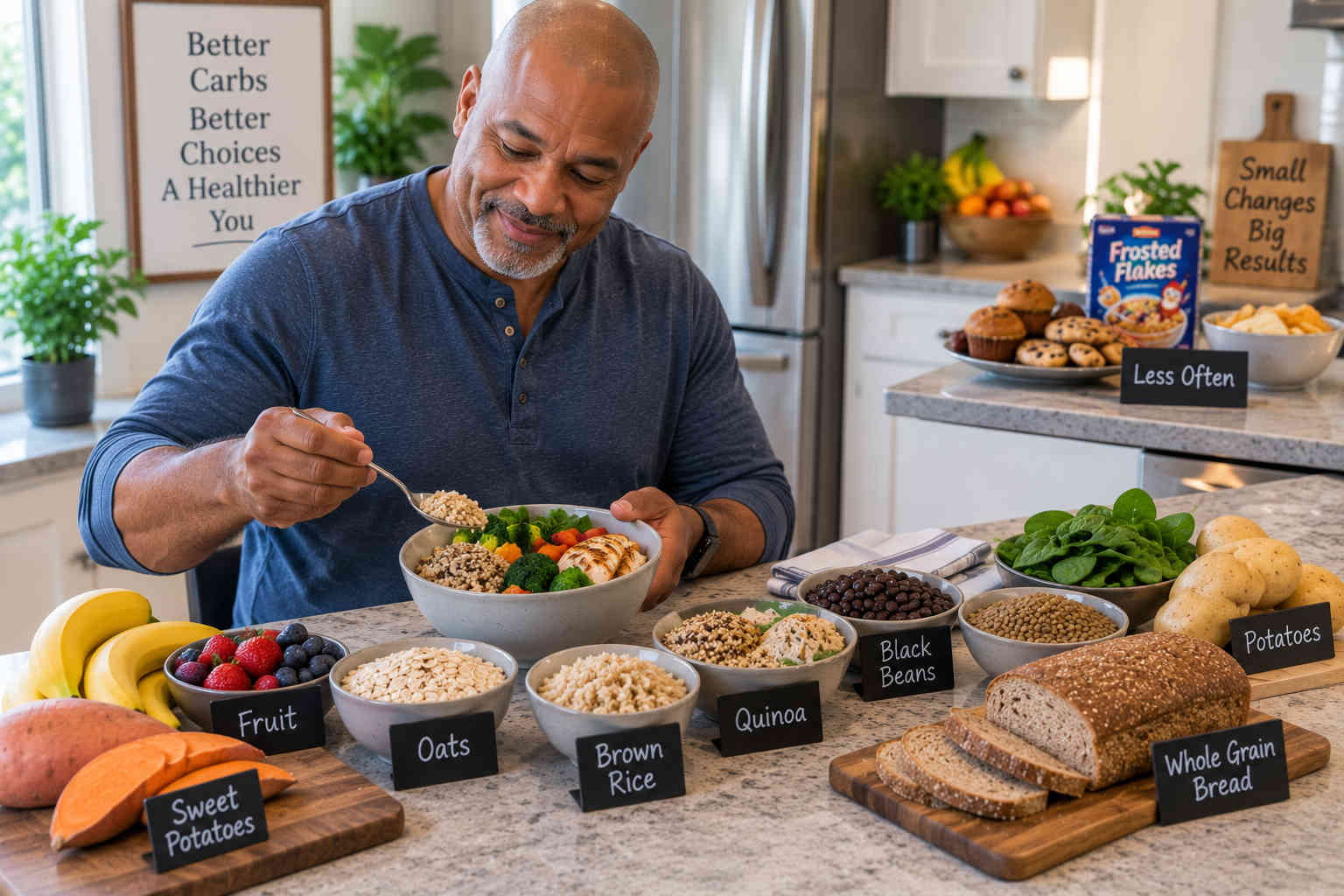 African American man preparing a grain bowl surrounded by healthy carbohydrate foods including oats, brown rice, quinoa, beans, fruit and sweet potatoes