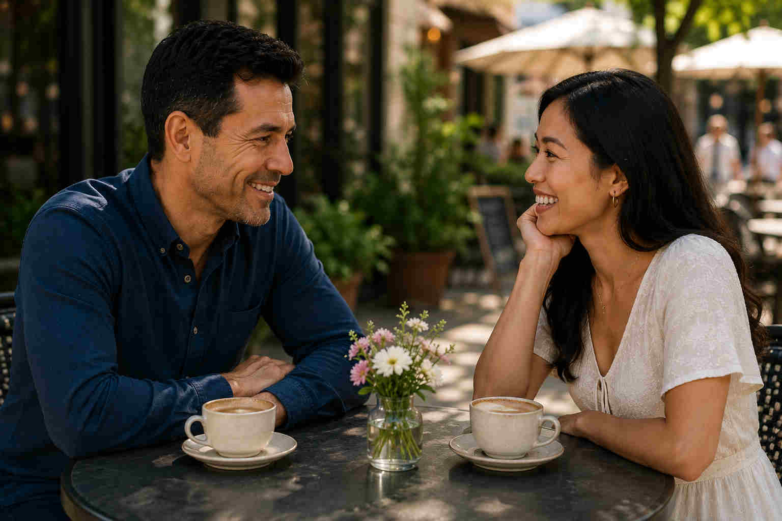 Man and woman enjoying a relaxed first date at an outdoor cafe with no phones on the table