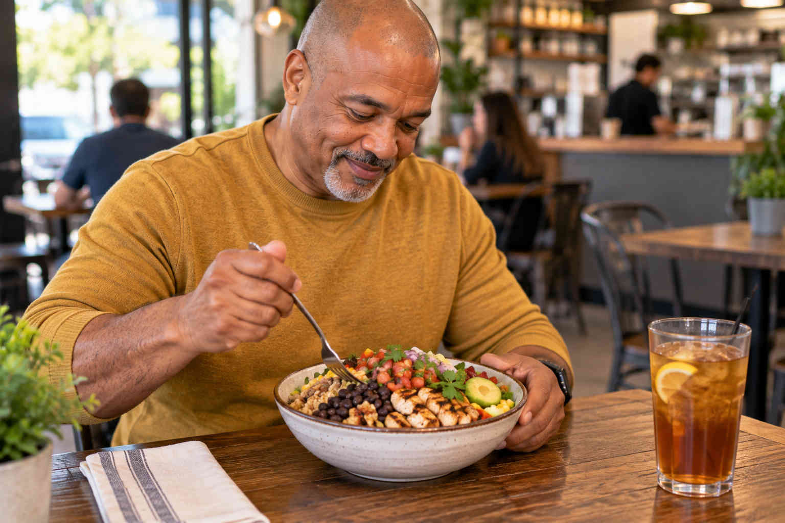 Man eating a black bean and grilled chicken bowl with vegetables and a modest serving of grains at a cafe
