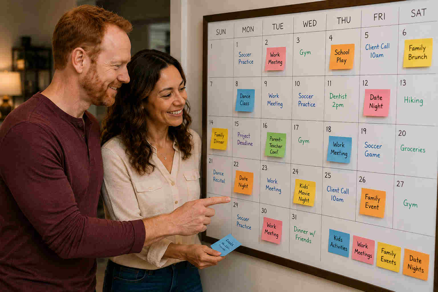 Divorced couple in their 40s coordinating family events work meetings date nights and schedules on a wall calendar