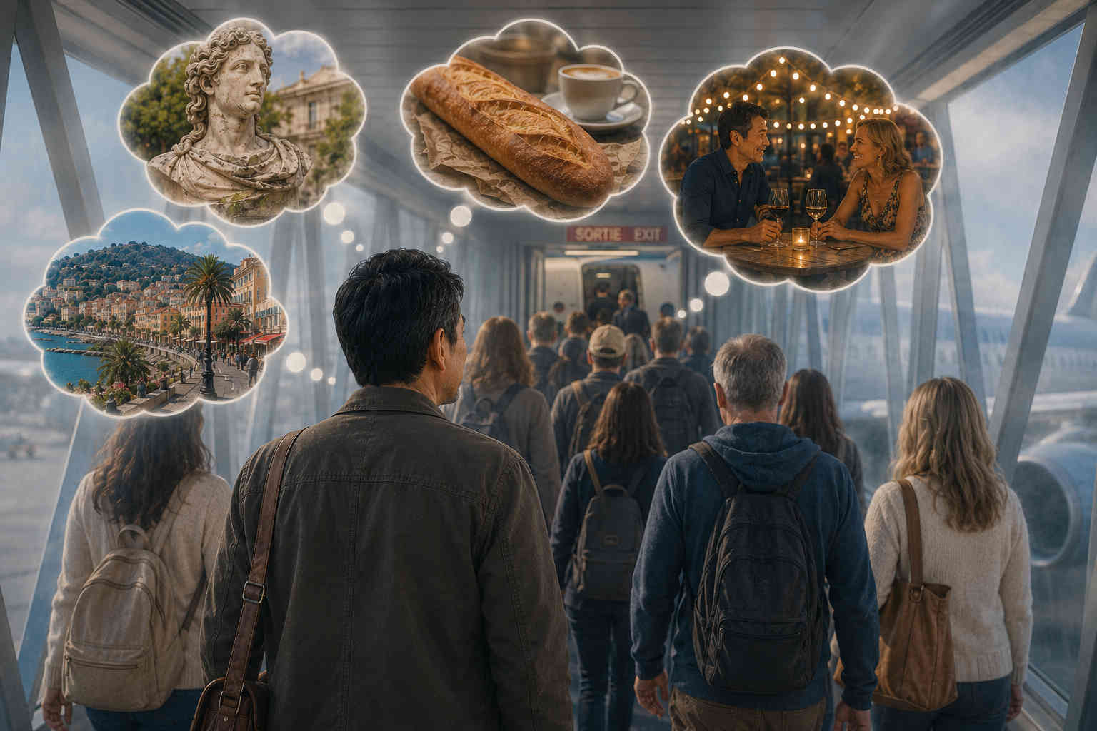 Solo traveler walking with other passengers toward an airplane while remembering a statue, fresh baguette, French Riviera, and dinner at an outdoor cafe