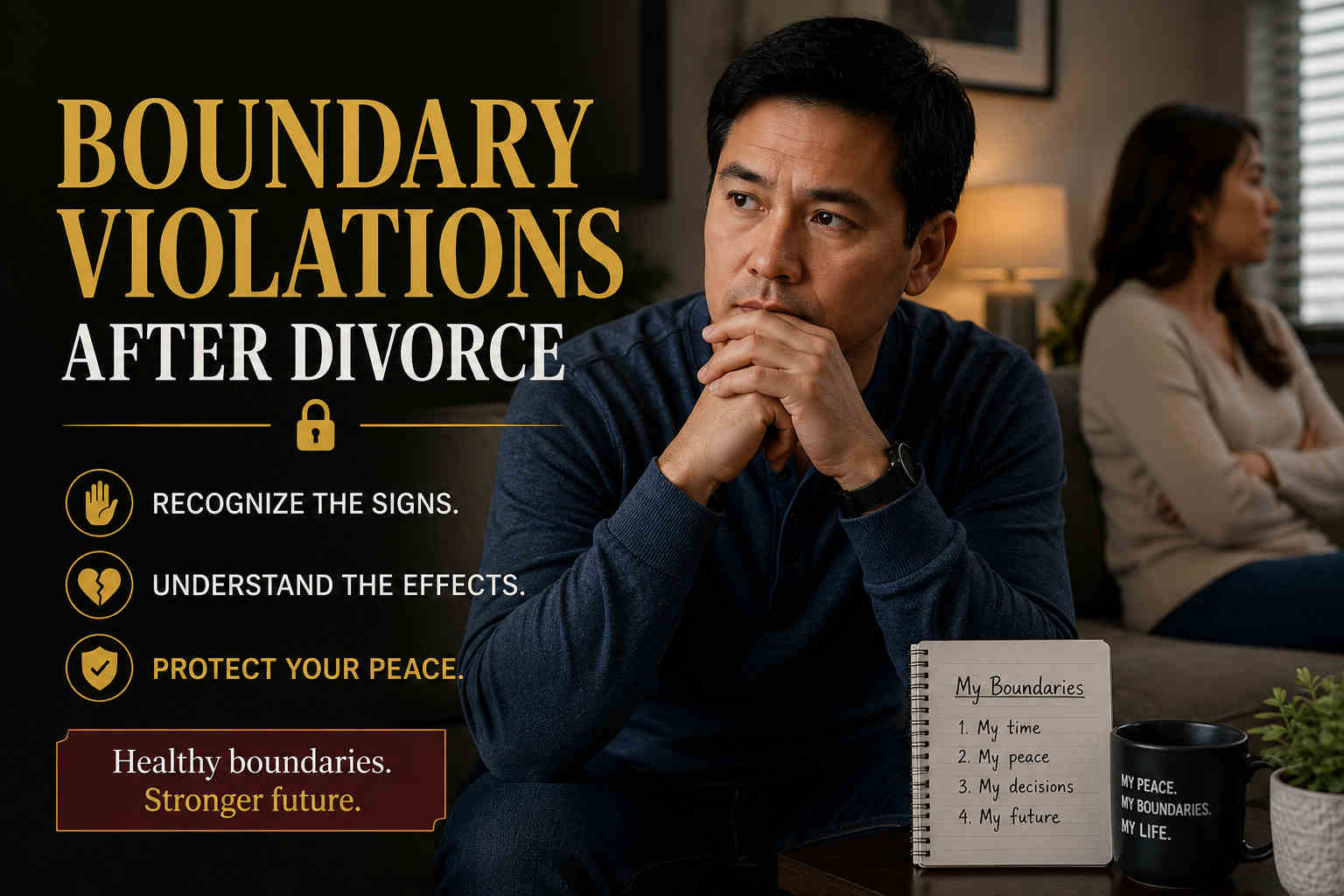 Boundary Violations After Divorce hero image with a man protecting his peace and personal boundaries