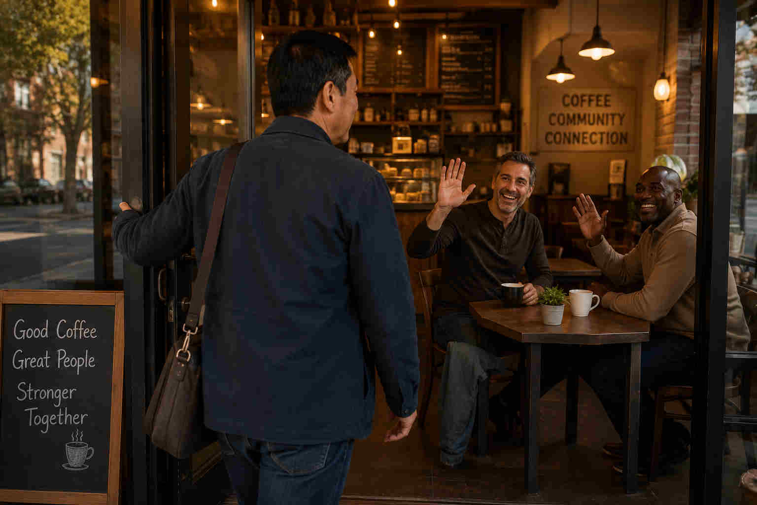 Friends welcoming a divorced man into a neighborhood coffee shop