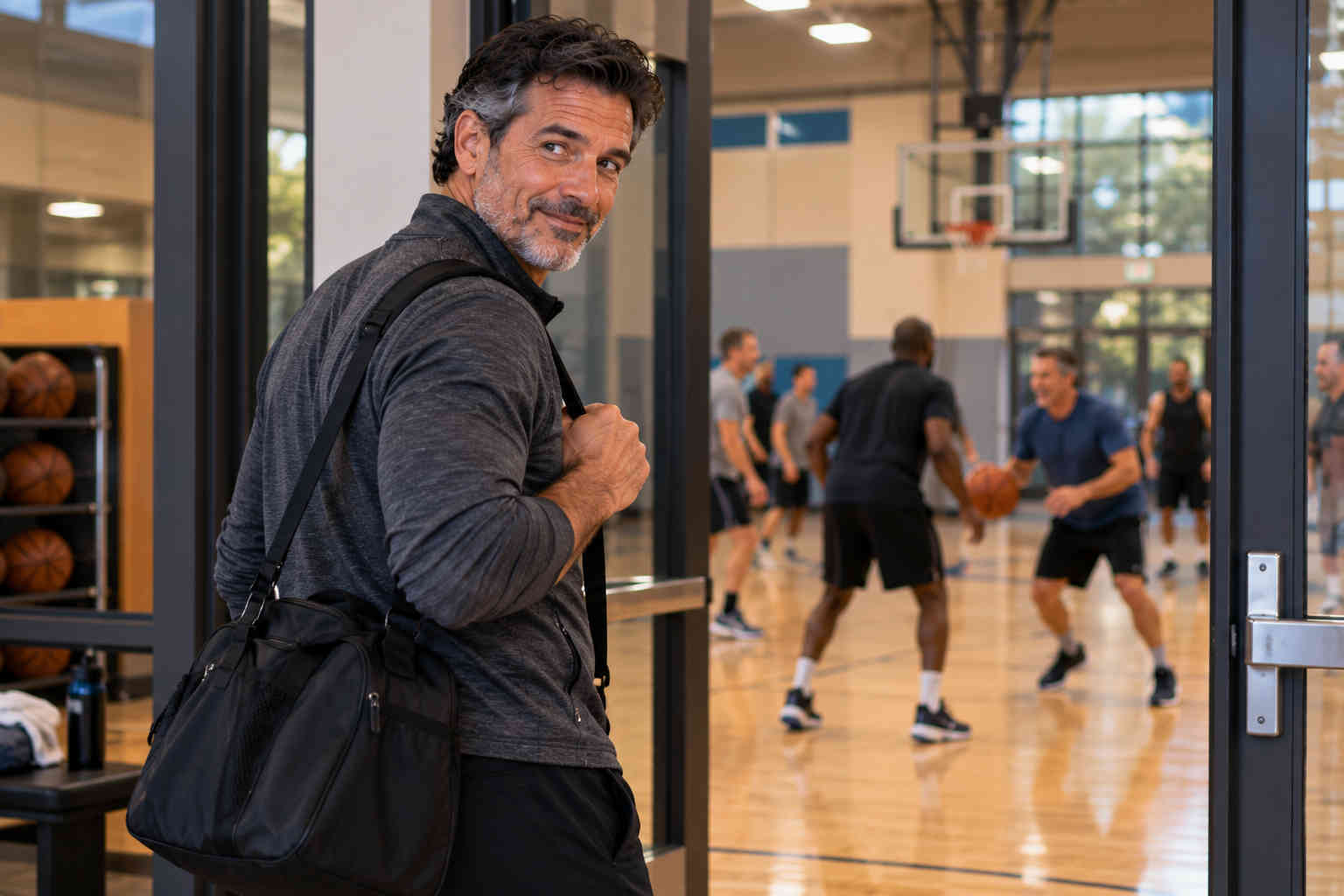 Man arriving at a community gym with a sports bag to create a new Saturday evening routine