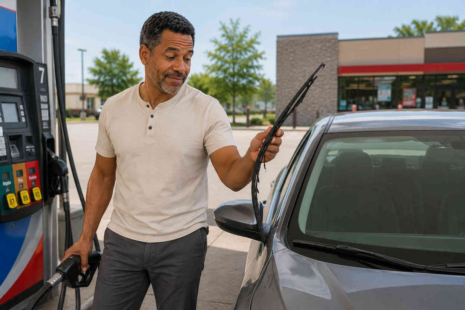 Man discovering a damaged windshield wiper while filling his car at a gas station