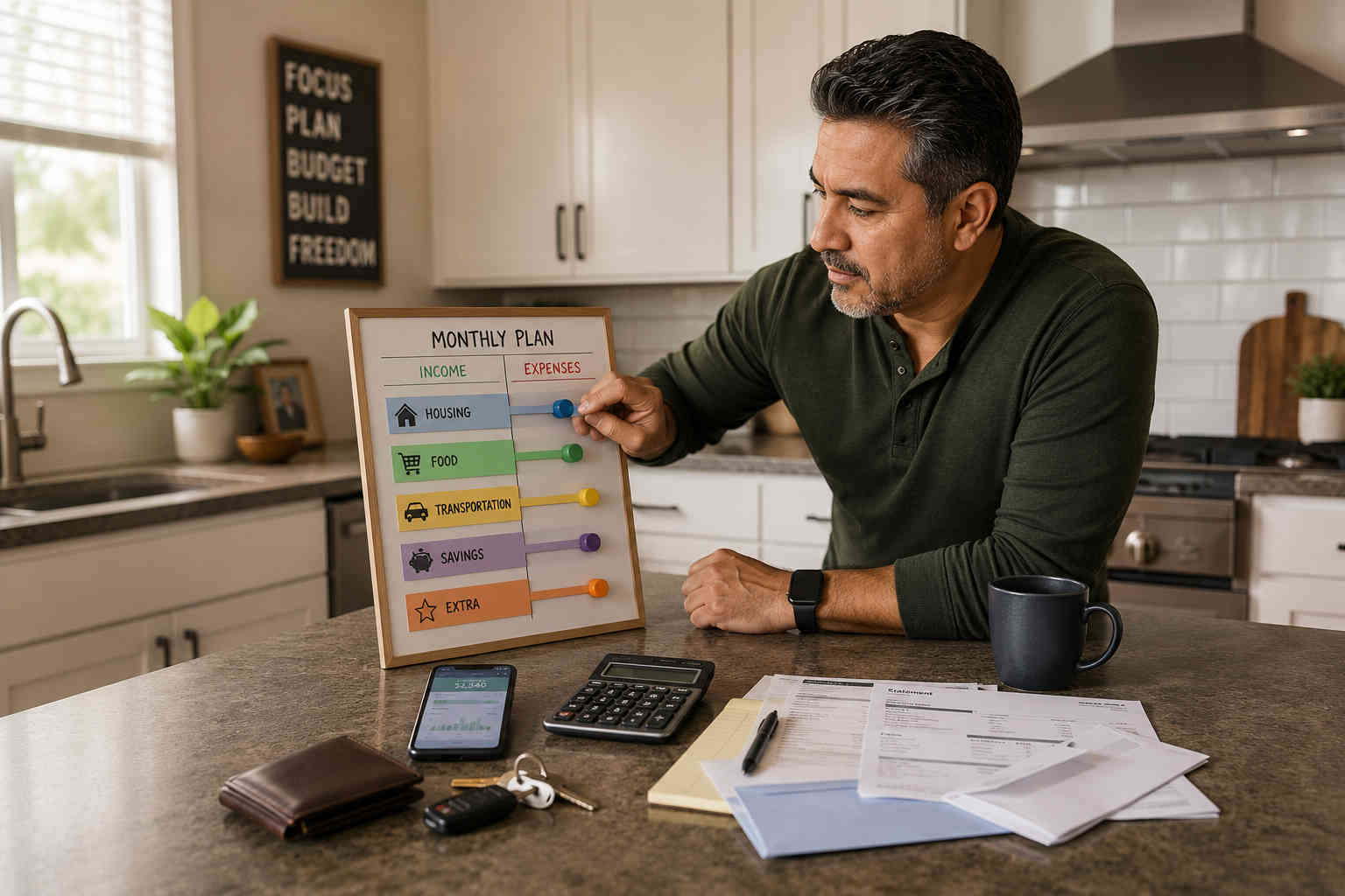 A Hispanic man organizes a monthly budget at his kitchen counter while reviewing household expenses and savings priorities