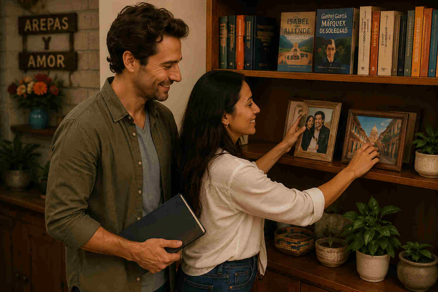 A Colombian woman and American man place framed photos on a shared bookshelf as they build a future together