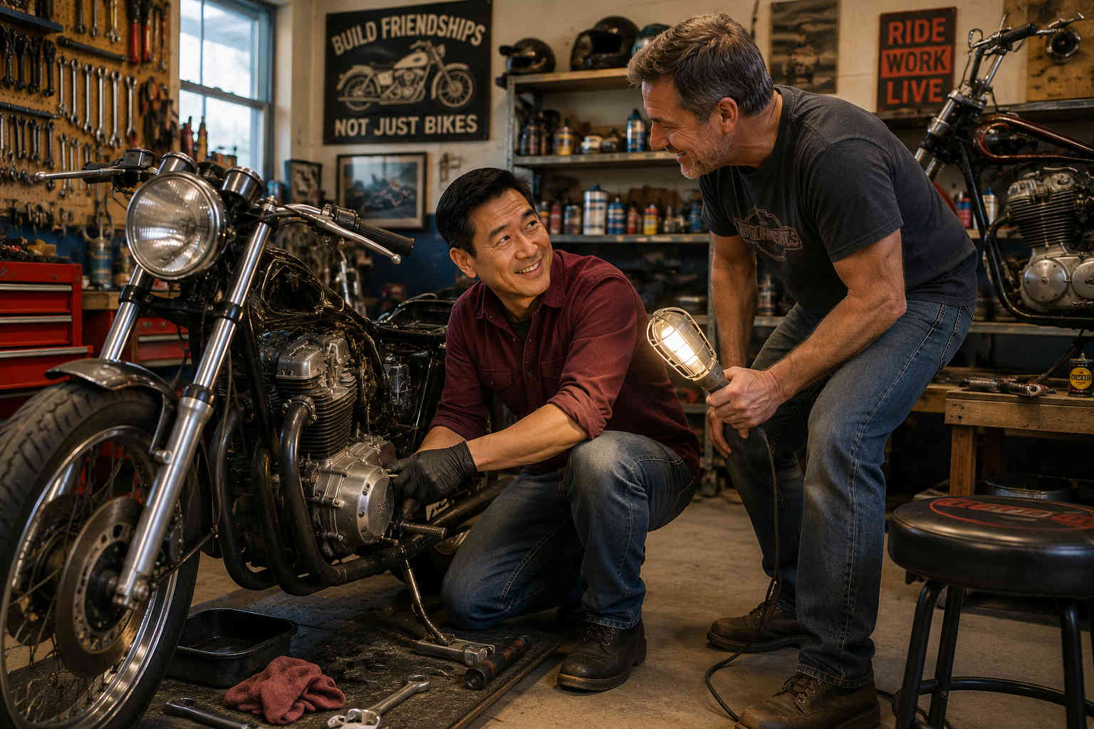 Divorced man restoring a motorcycle with a friend in a community garage