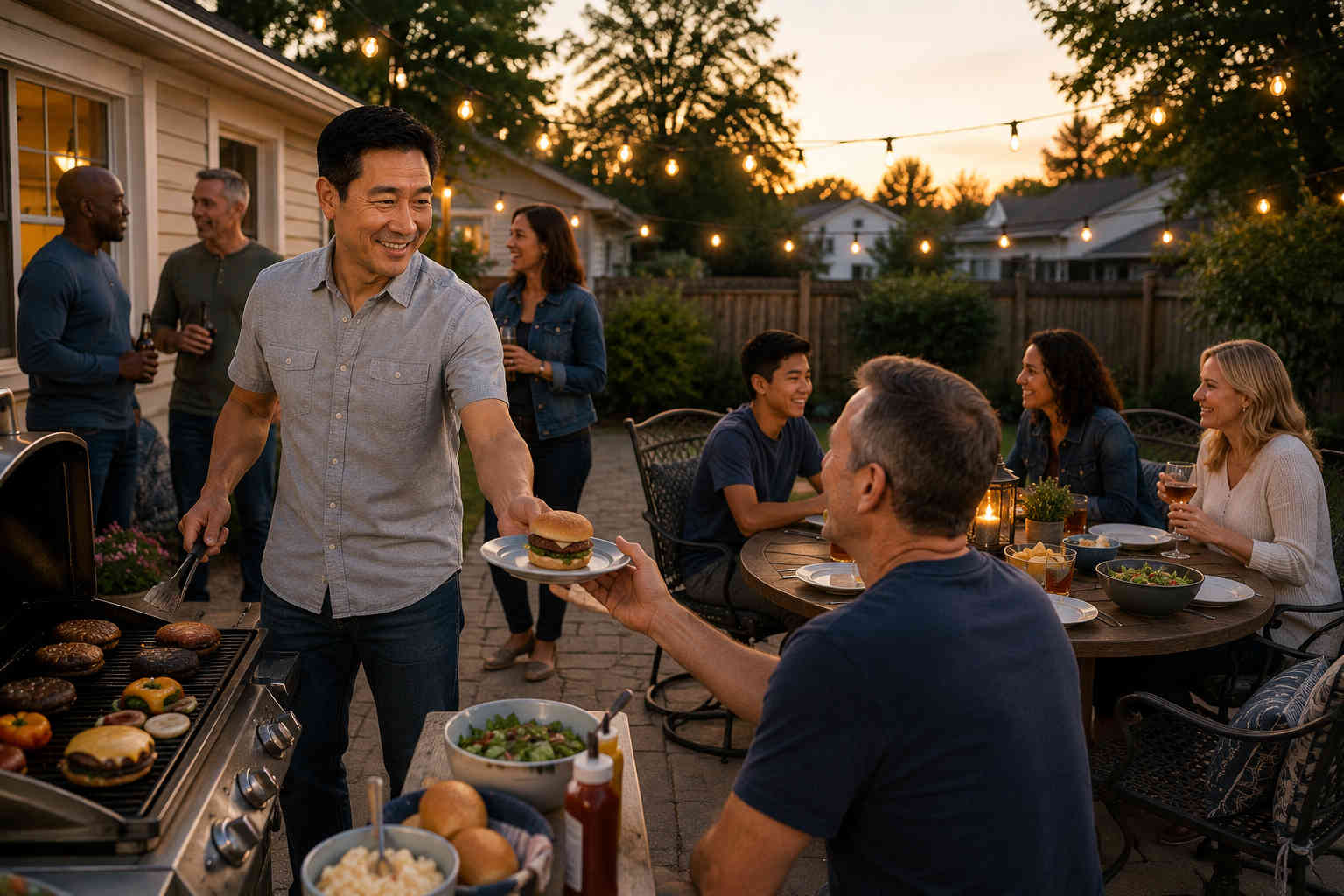 Divorced man hosting a relaxed backyard cookout with friends and family at sunset