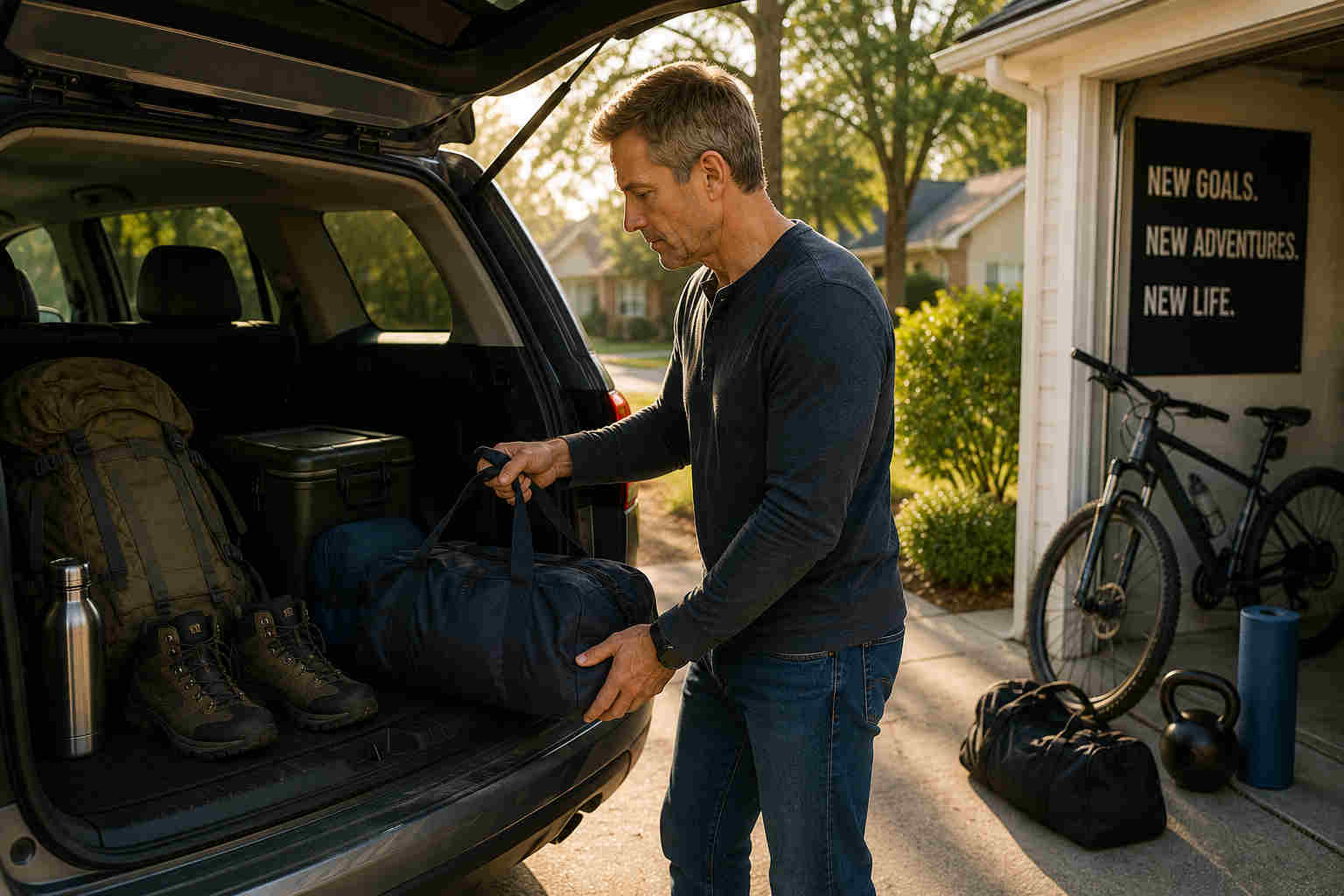Divorced man loading hiking and fitness equipment into an SUV while preparing for new goals and adventures