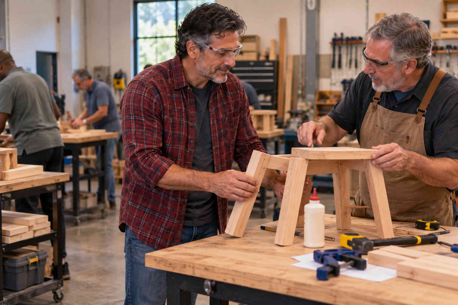 Man learning woodworking from an instructor in a community workshop after divorce