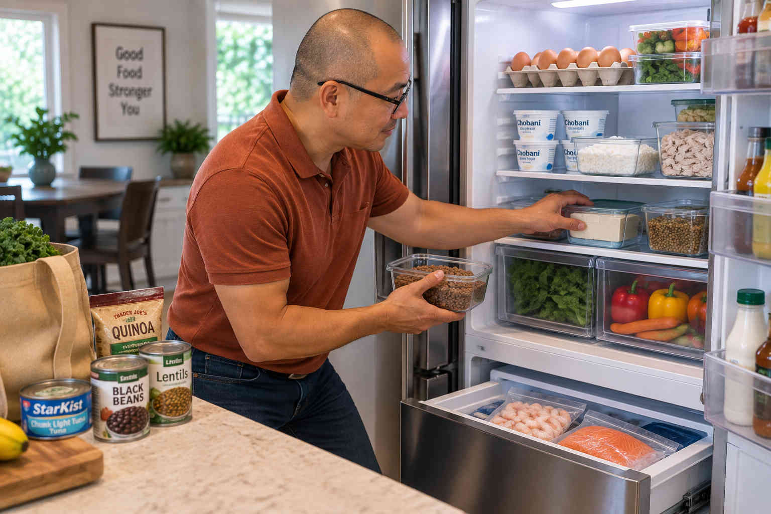 Man organizing eggs, yogurt, cottage cheese, tofu, lentils, shrimp and fish in his refrigerator