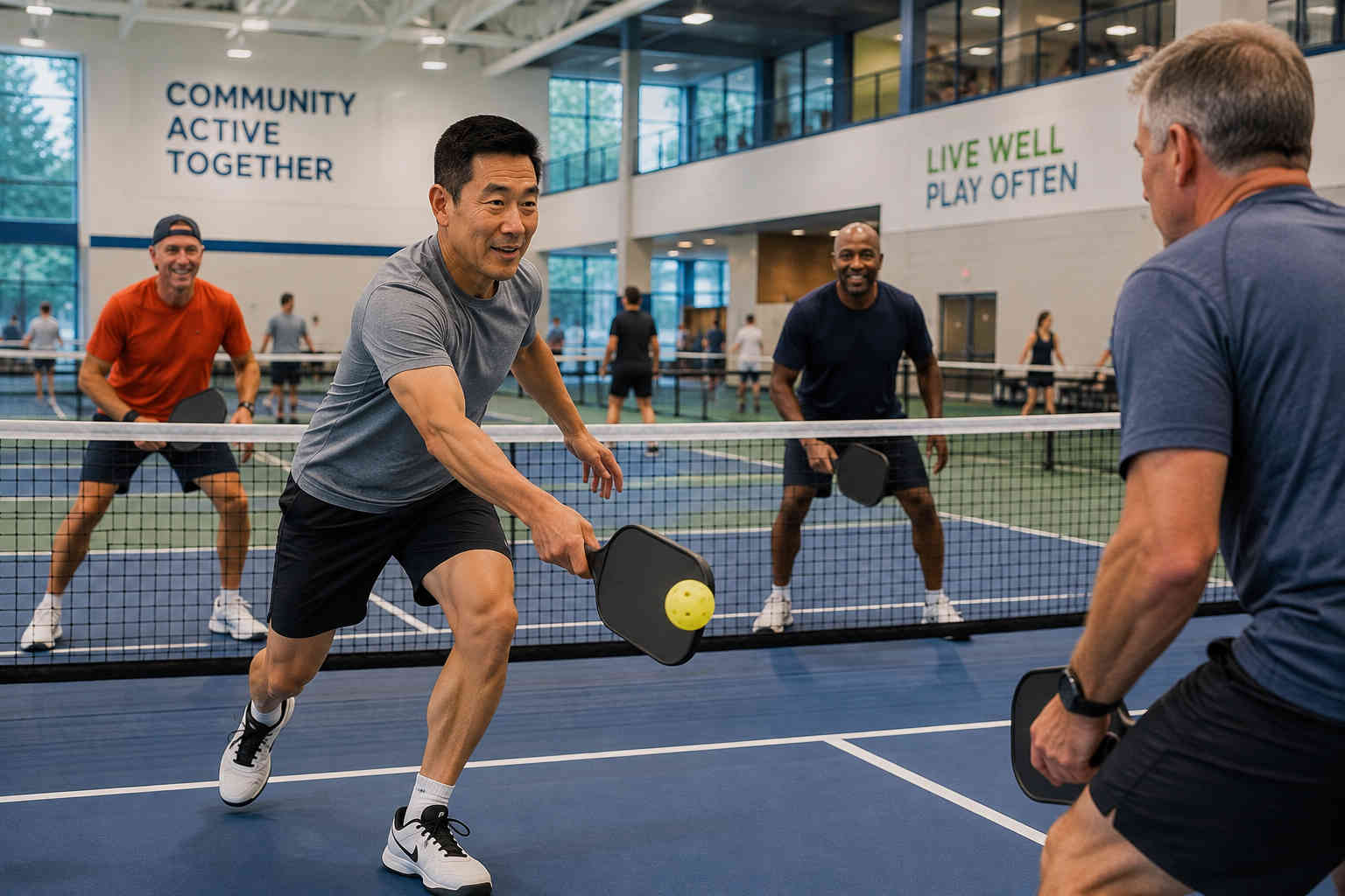Divorced man playing pickleball with other men at a neighborhood recreation center