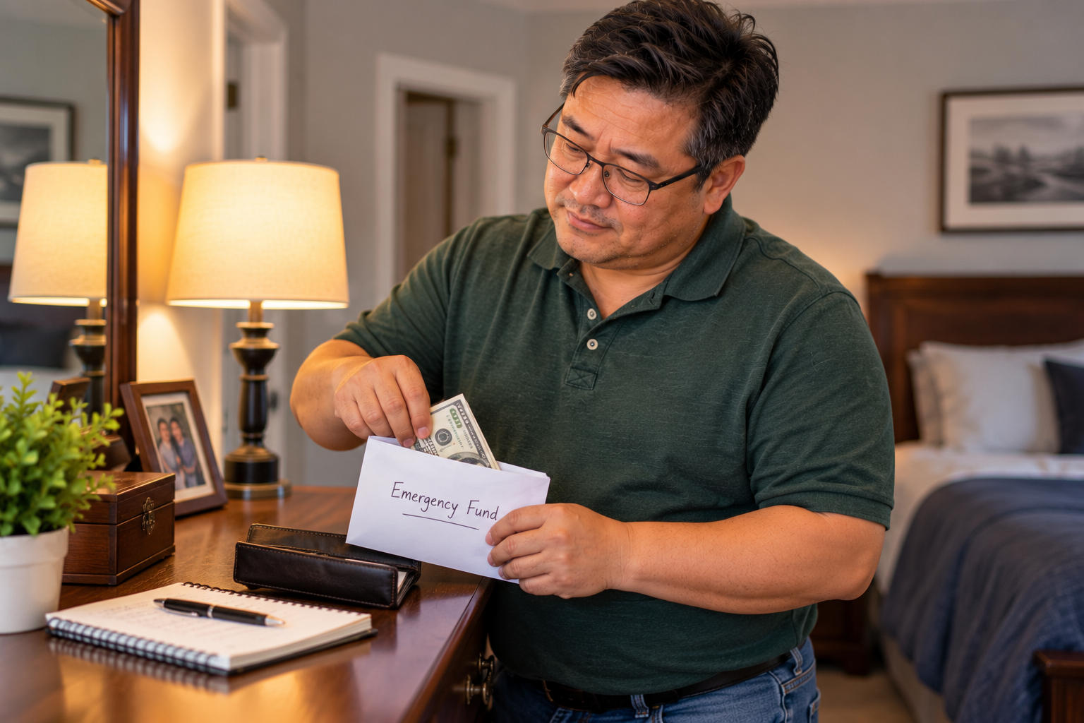 Man placing money into an envelope marked emergency fund