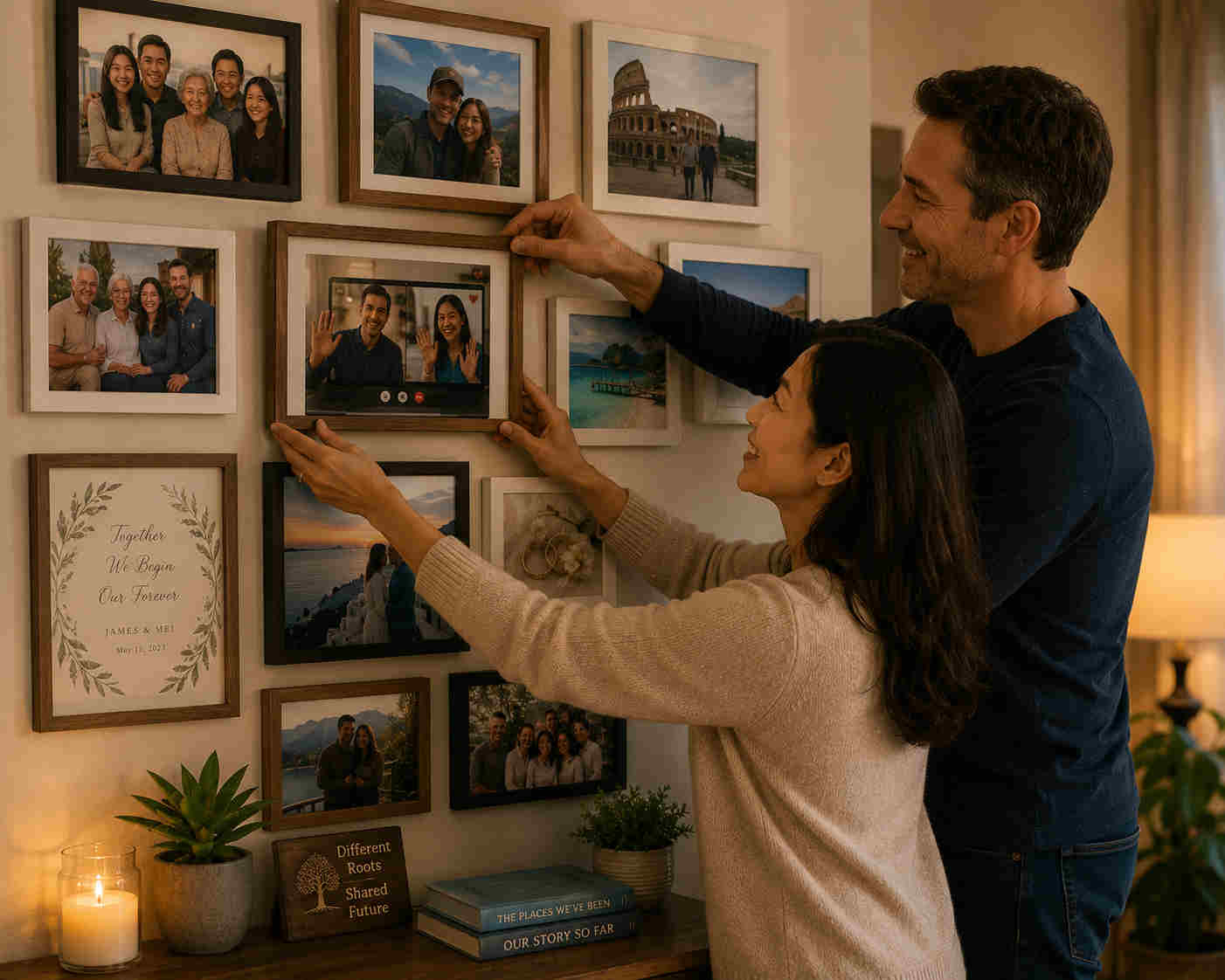 Couple hanging framed photos from both families travels and their first video call on a shared memories wall