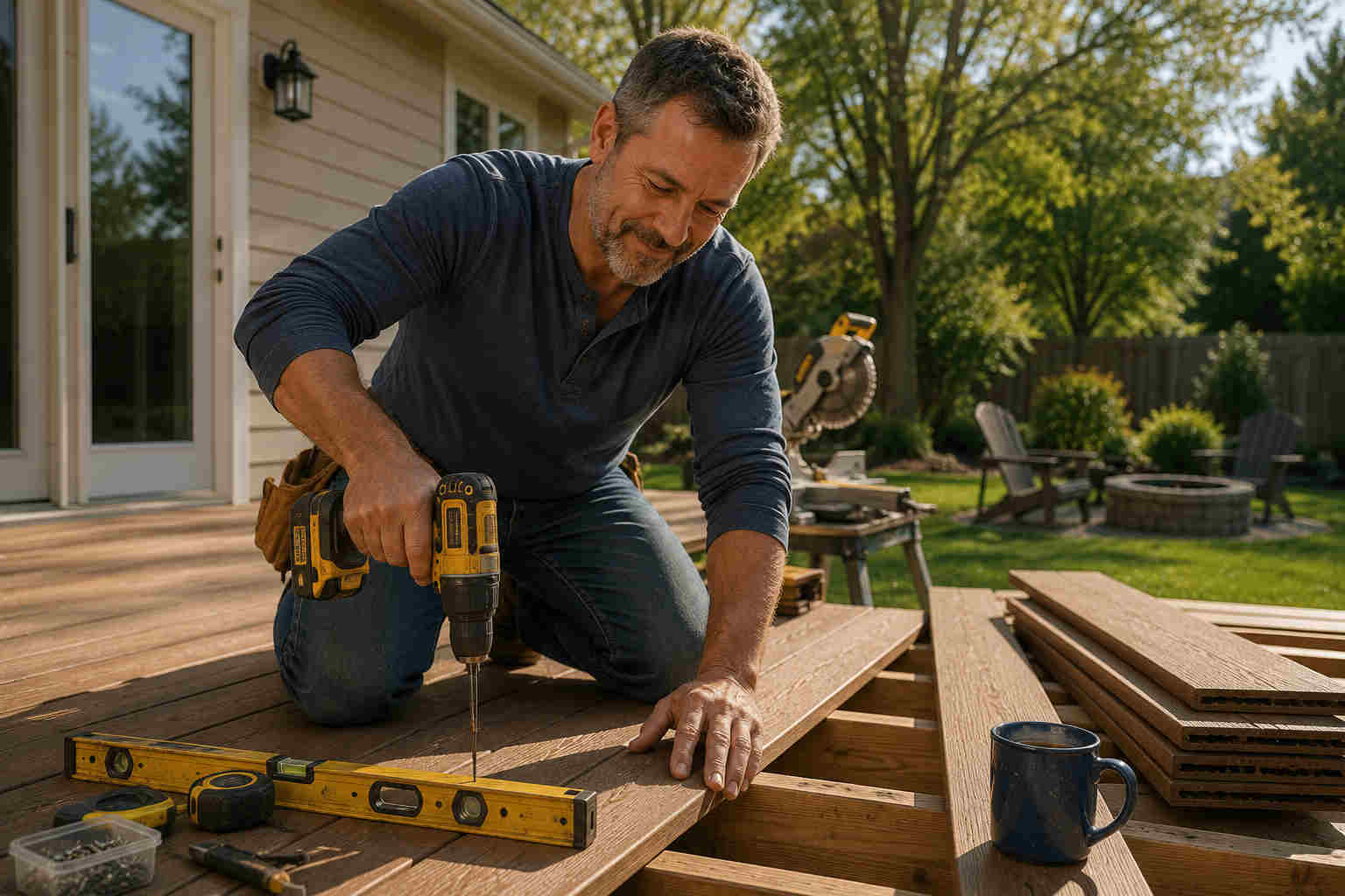 Man installing the final board on a backyard deck and keeping a promise to himself after divorce