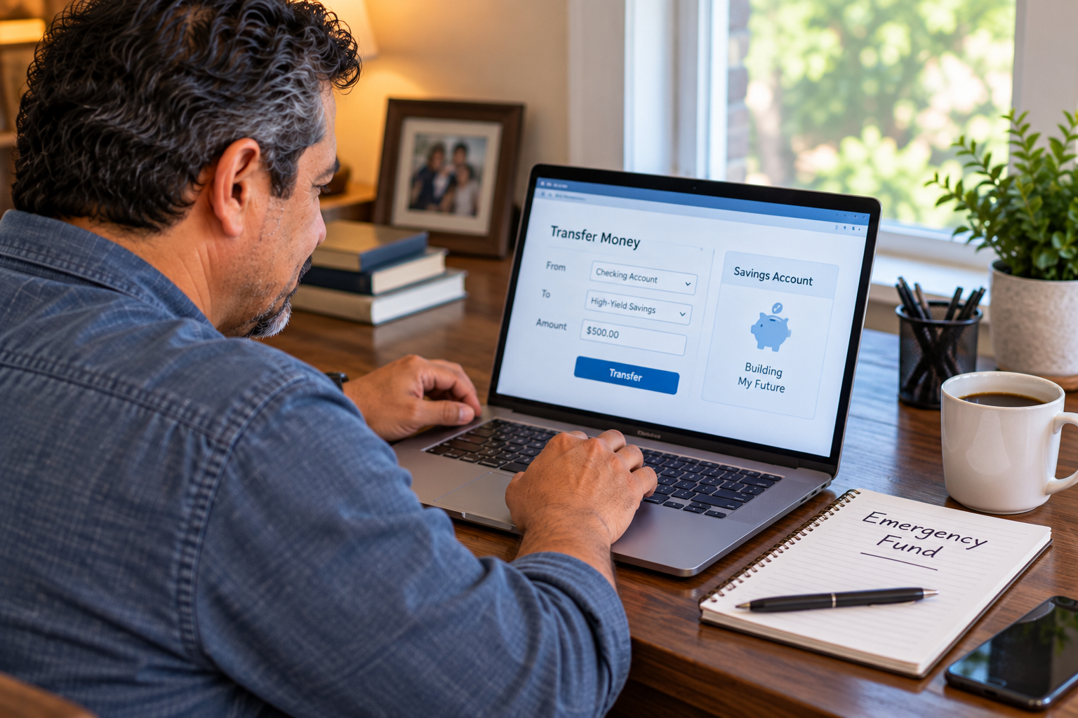 Man transferring money from checking to savings to build an emergency fund after divorce