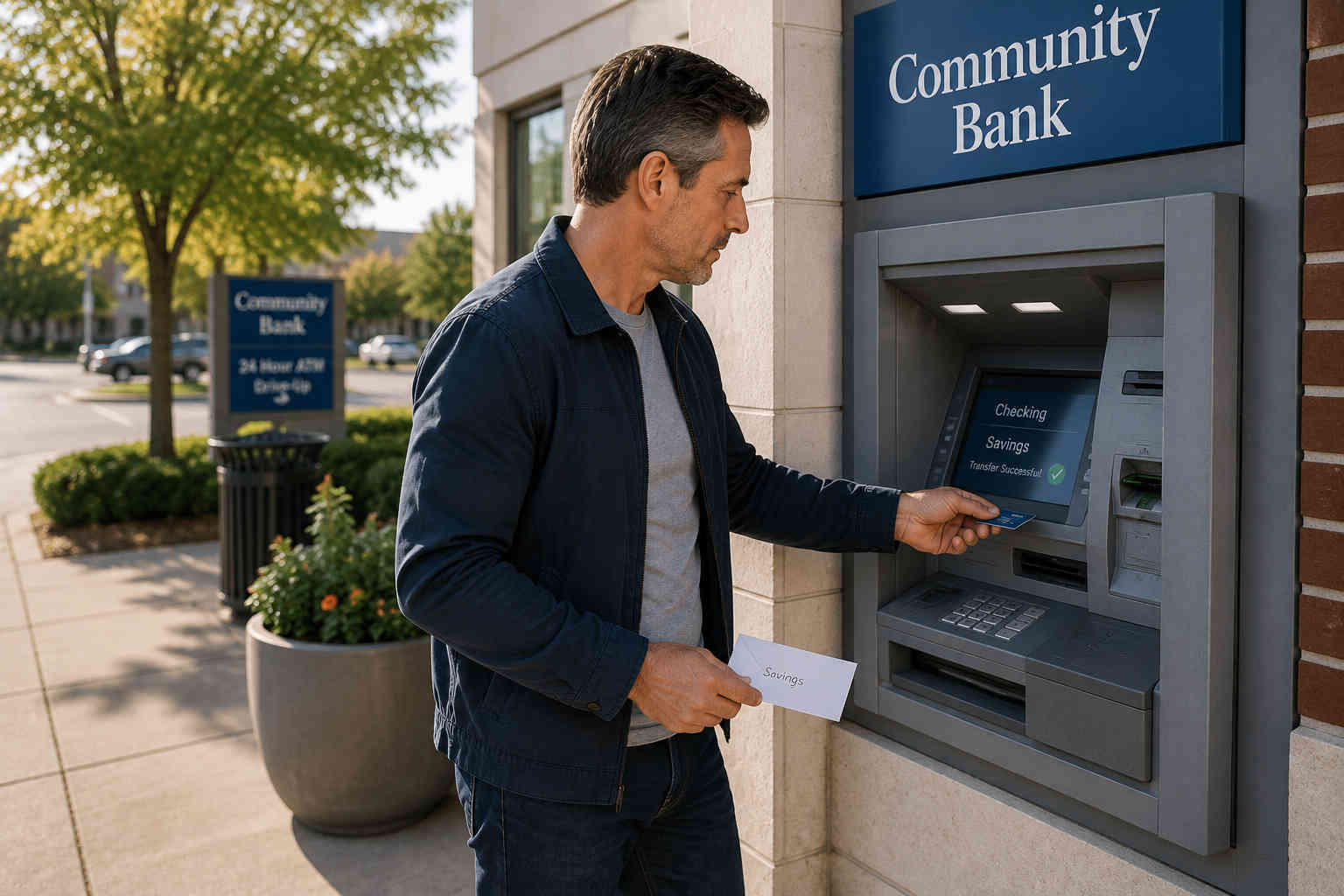 Man transferring money into savings at a bank ATM as part of rebuilding an emergency fund after divorce